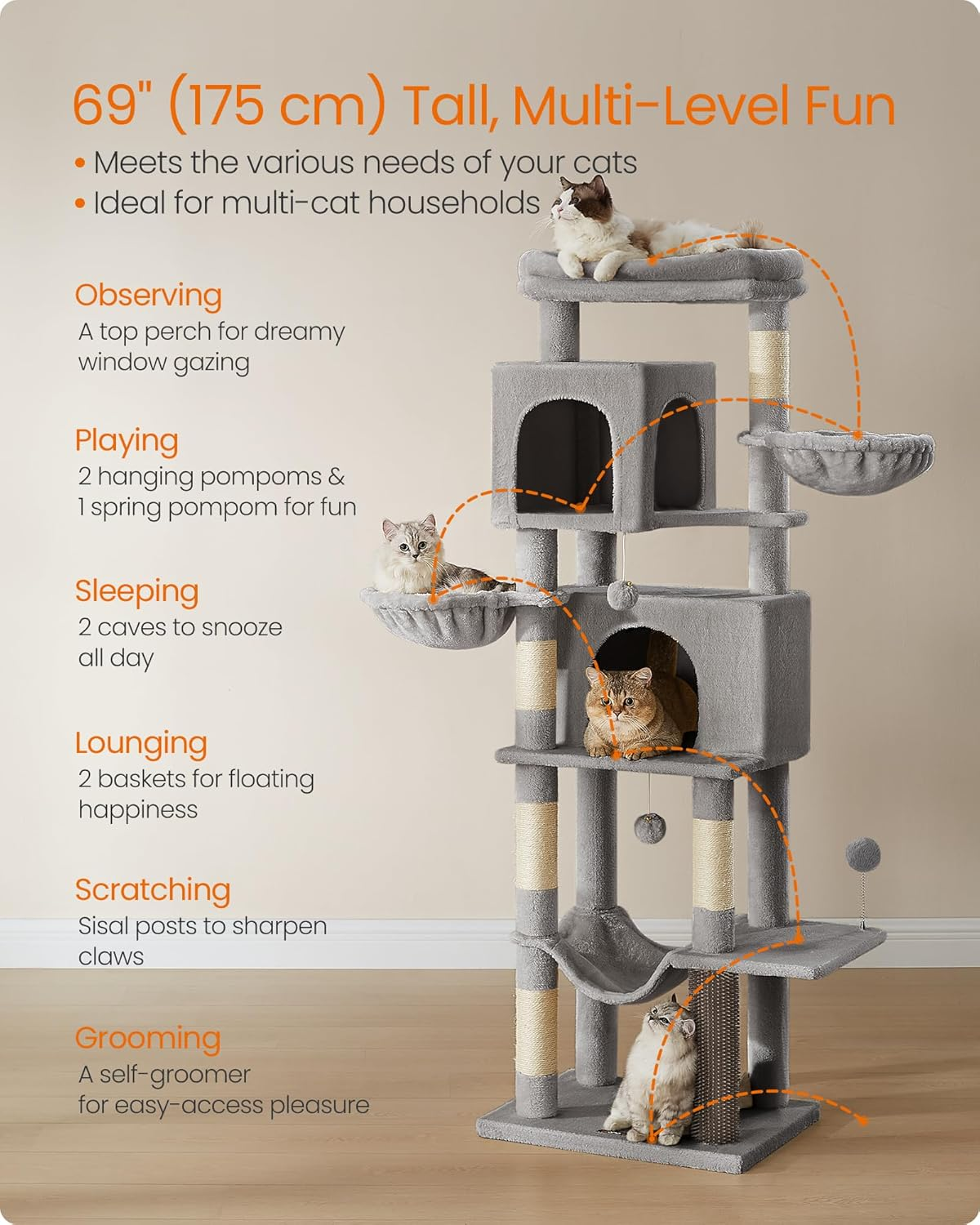 Feandrea Cat Tree, 69-Inch Tall Cat Tower for Indoor Cats, Multi-Level Cat Condo with 2 Caves, 2 Baskets, 5 Scratching Posts, Self-Groomer, Perch, Hammock, Dove Gray UPCT182G01