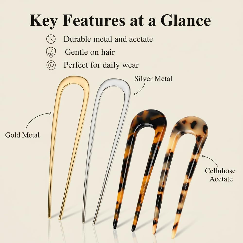 4 Pcs U Shaped Hair Fork Set for Women, Metal French Hair Pins in Gold & Silver with 2 Tortoise Shell Hair Sticks, Strong Hold Bun Pin for Updos Thick Hair Styling Bridal & Everyday Use