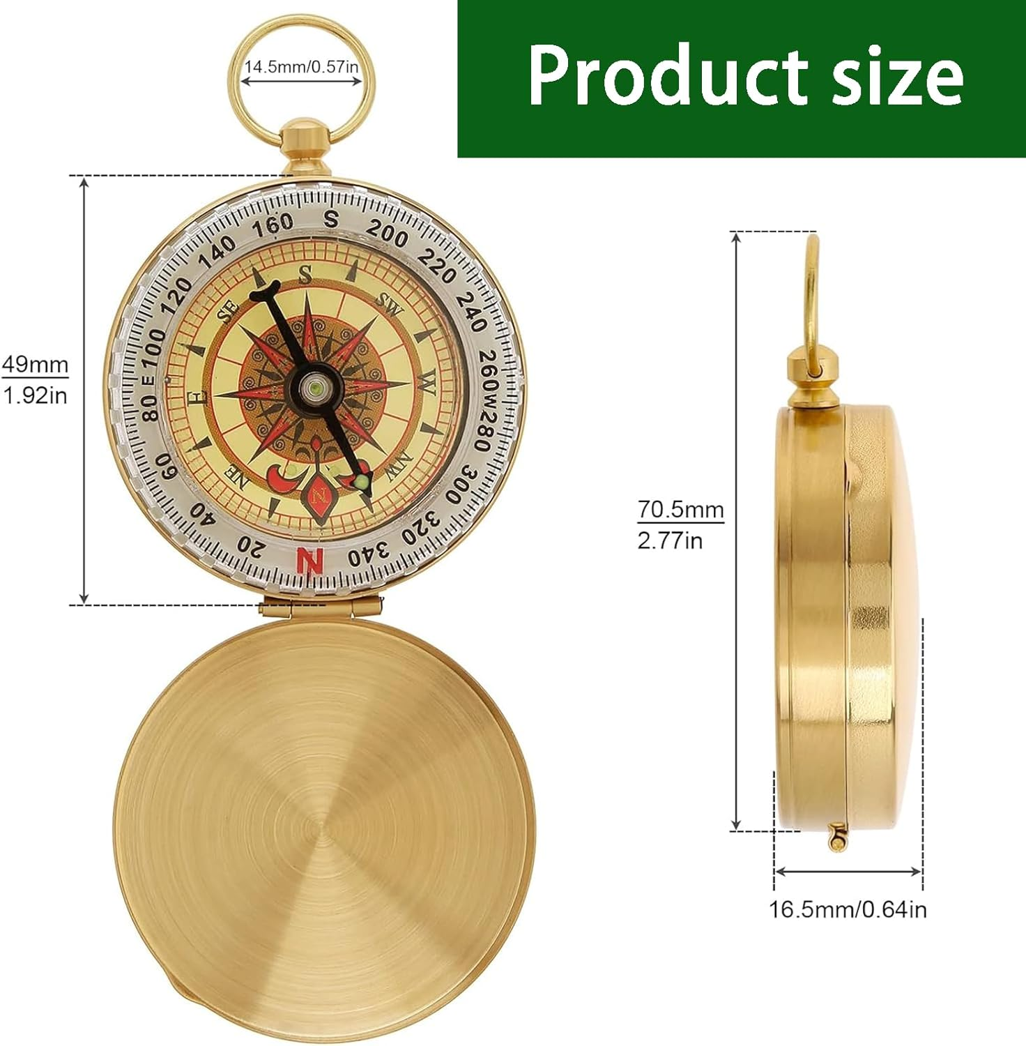 Zvorgath Compass, Camping Survival Compass, Metal Copper Clamshell Style with Glow in the Dark Feature, for Camping, Survival, Hiking, Hunting, and Climbing image number 1