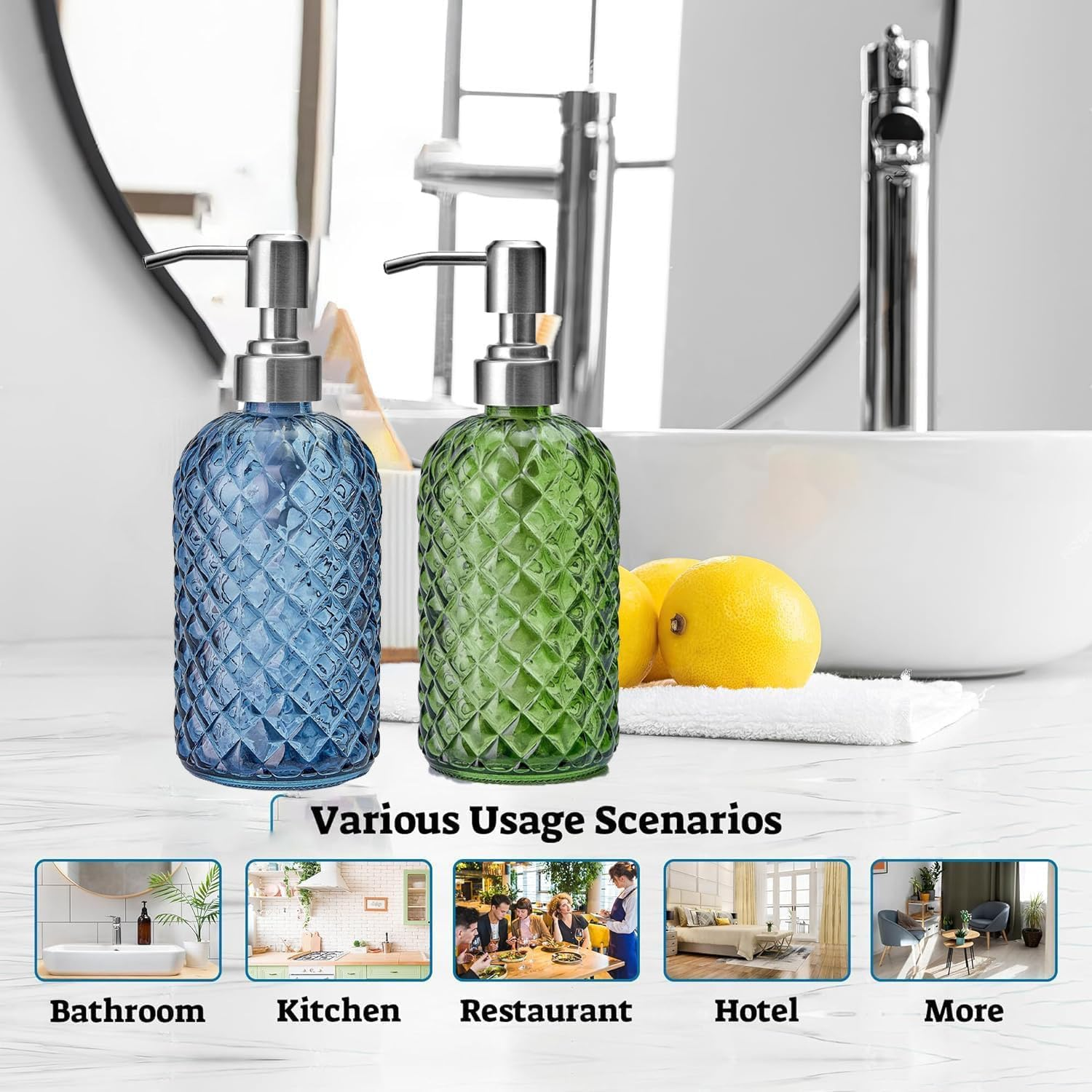 AXIM Glass Soap Dispenser with Stainless Steel Pump,400Ml Refillable Lotion Soap Bottle, Dish Soap Dispenser, Hand Soap Dispenser, Home Decoration (2 Pc/Green)