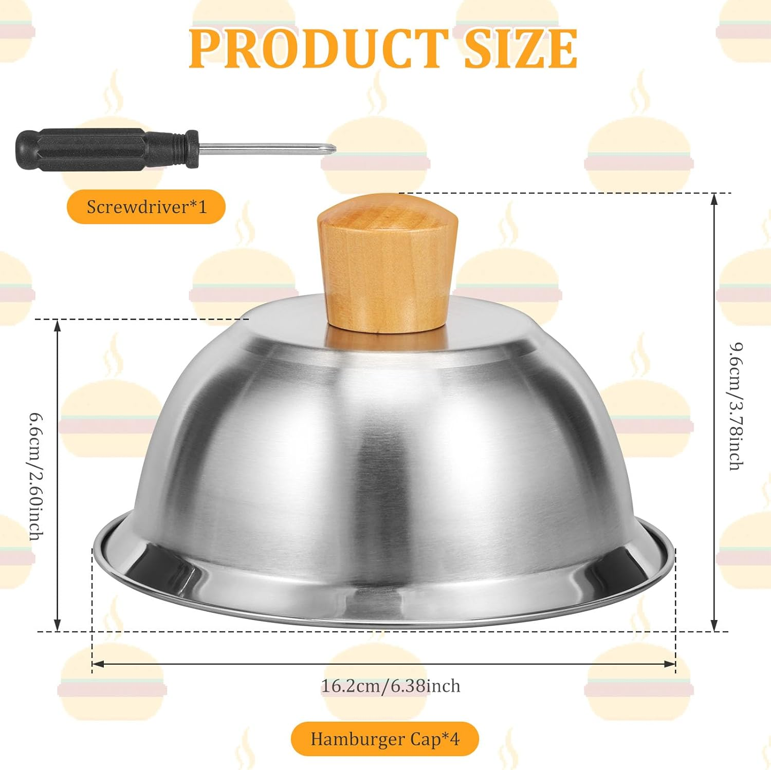 4 Pcs Burger Cover, round Basting Cover, Cheese Melting Dome with Bamboo Handle, Stainless Steel Burger Cover, Grill Accessory, Dishwasher Safe Steaming Cover for Cooking Hamburgers Steaks Bacon image number 4
