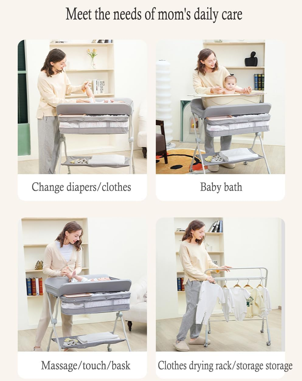 Fohouse Portable Baby Changing Table - Waterproof Diaper Changing Table with Wheels, Baby Diaper Changing Station with 3-Level Adjustable Height, Portable Changing Table with Large Organizers