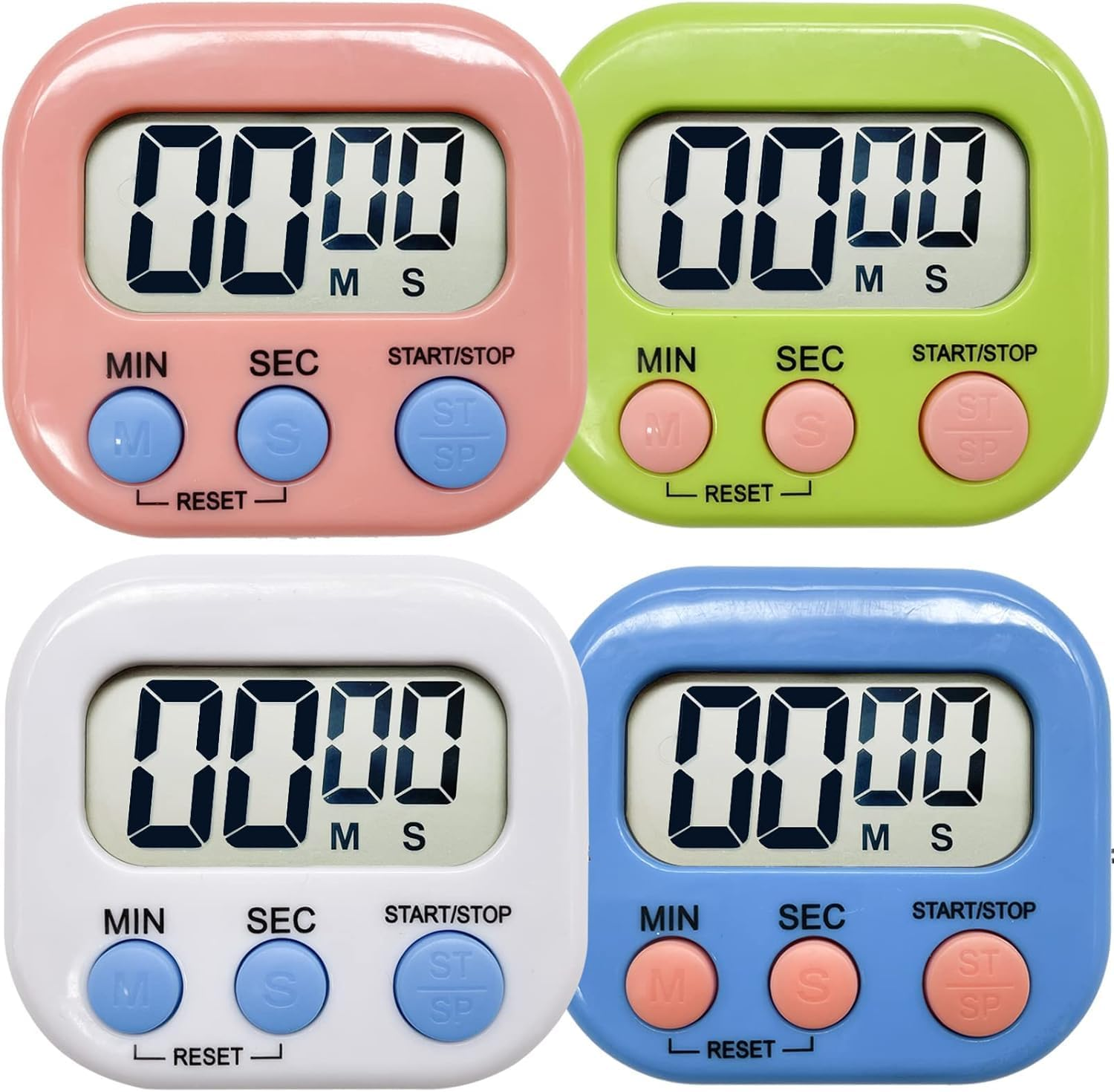 4-Pack Digital Timer &ndash; Multi-Function Kitchen Timer with Loud Alarm, Magnetic Back & Stand, for Kitchen, Shower, Study, Work, Exercise, Outdoor &ndash; Pink, Blue, Green, White image number 2