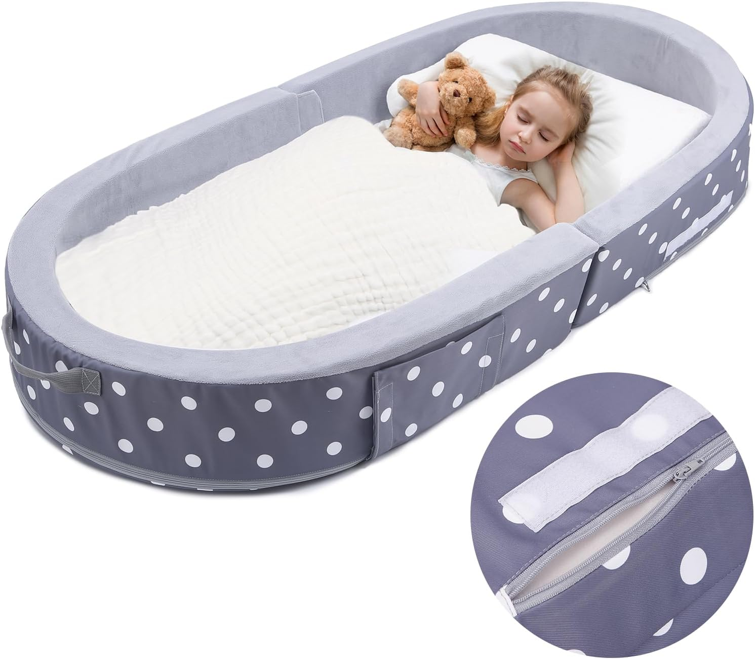 Mooedcoe Foldable Toddler Floor Bed with Sides, Folding Toddler Bed for Travel Kid Foam Sleeping Cot (Round, Dot) image number 5