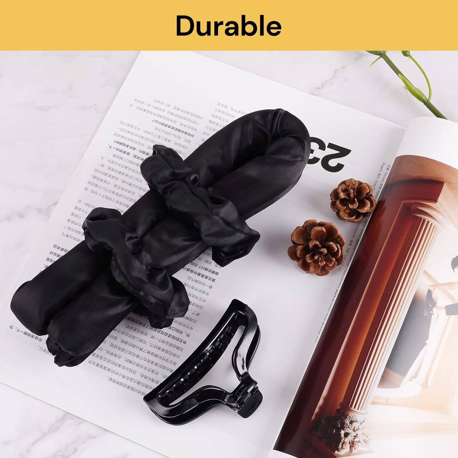 EZONEDEAL Heatless Curling Set, Overnight Hair Rollers for No-Heat Soft Curls, Rod with Hair Claw Clip, Natural Soft Wave DIY Styling Tool, Headband - Black image number 3