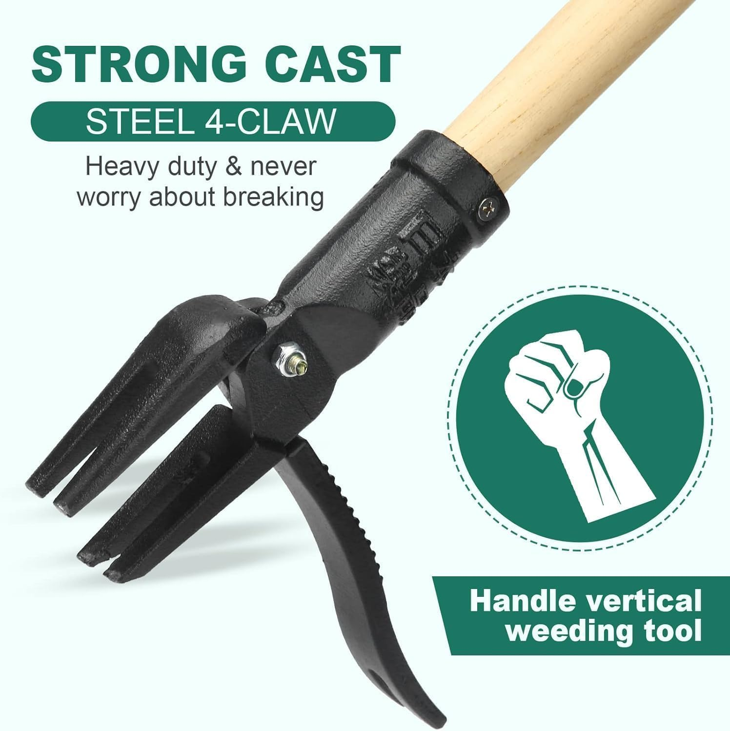 Weed Puller Tool Stand up Heavy Duty Weeding Tool with Long Wooden Handle and 4-Claw Steel Head, Easily Remove Weeds without Bending, Pulling, or Kneeling Garden image number 1