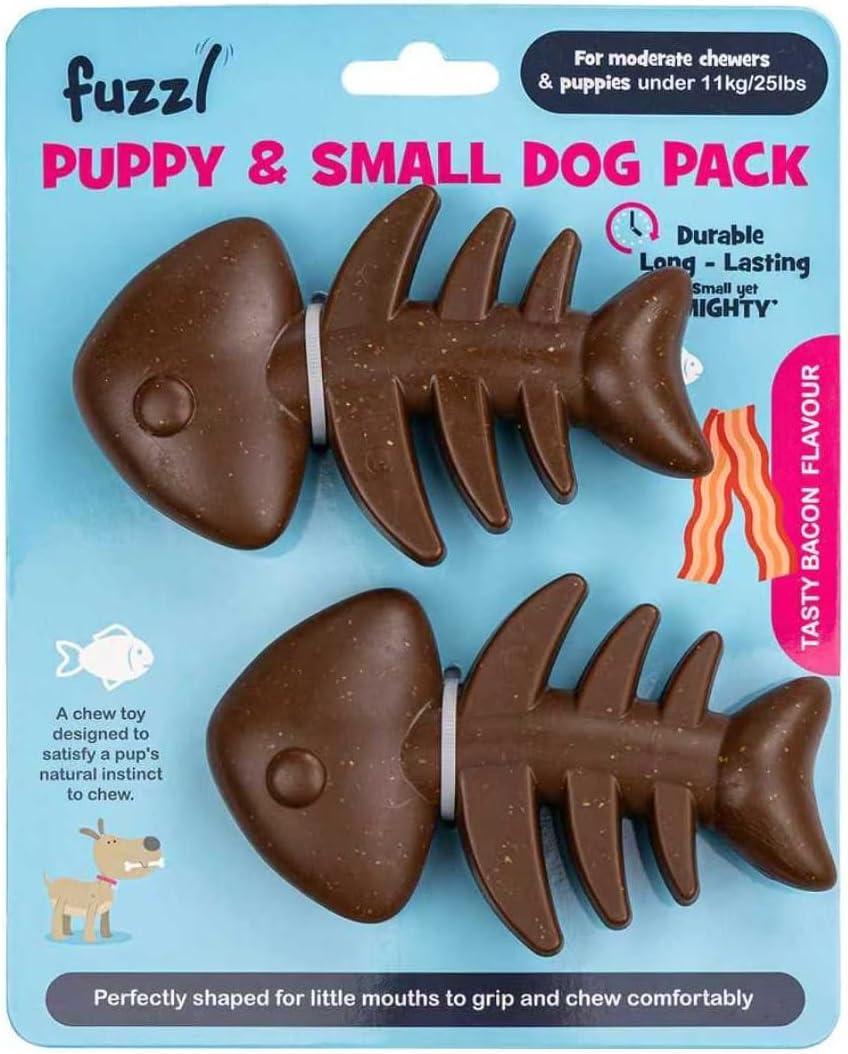 Fuzzl Puppy Chew Toys 2 Pack Bacon Flavour &ndash; Small Dog Teething Toys Fish Bone Shape | Durable Chew Toys for Puppies & Small Breeds | Dental Care, Teething Relief & Interactive Play image number 1