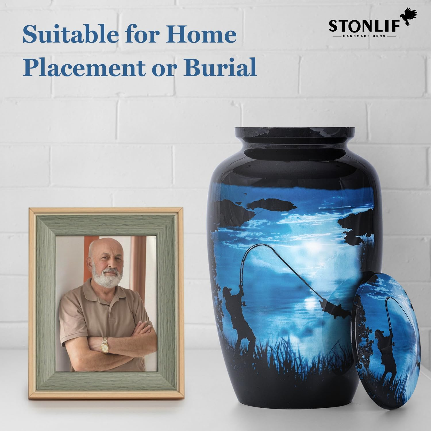 STONLIF Large Gone Fishing Urns for Ashes Adult Male & Female - 200 Lbs Decorative Urn, Burial Urns for Dad, Men - Funeral Urn with Velvet Bag and Felted Bottom - Blue Urn for Ashes Adult Male image number 2