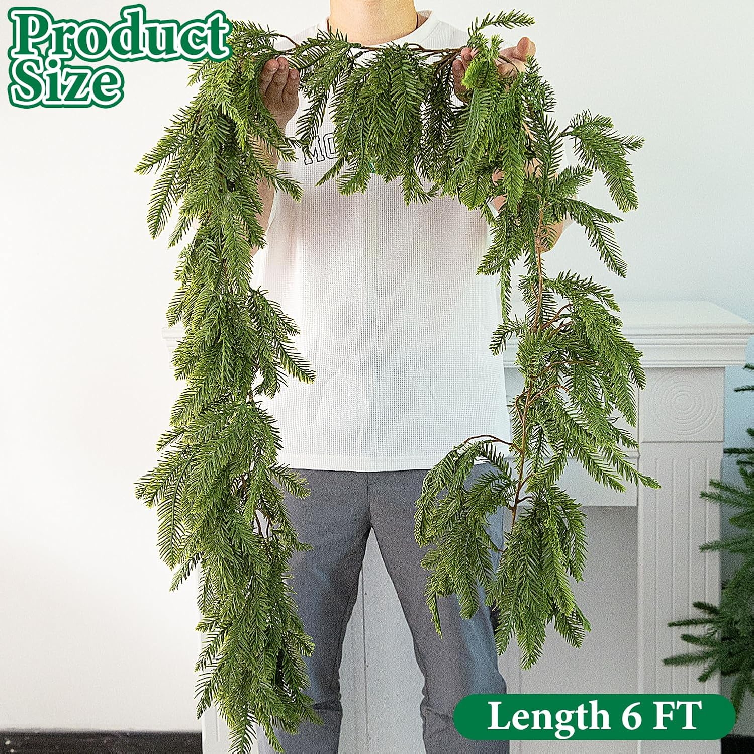 Watayo 6 Ft Christmas Norfolk Pine Garland, 3 Fork Dense Real Touch Pine Garland Ornament, Realistic Artificial Pines Greenery Garlands for Christmas Holiday Mantle Fireplace Table Home Decor image number 3