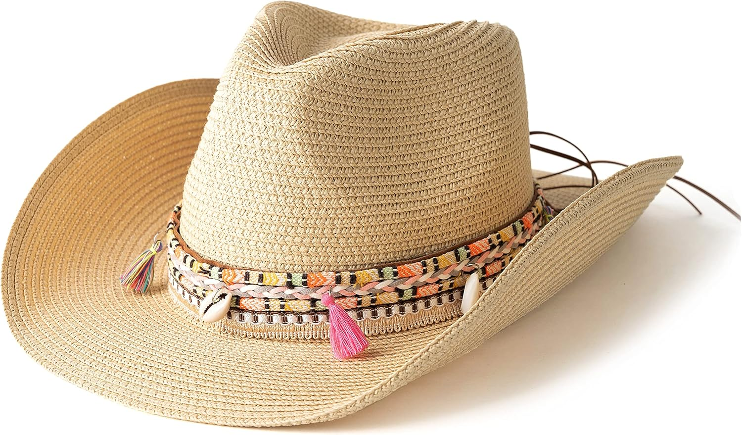 Gossifan Women'S Woven Straw Cowboy Hat W/Beaded Trim Band Hat Beach Holiday Sun Hats