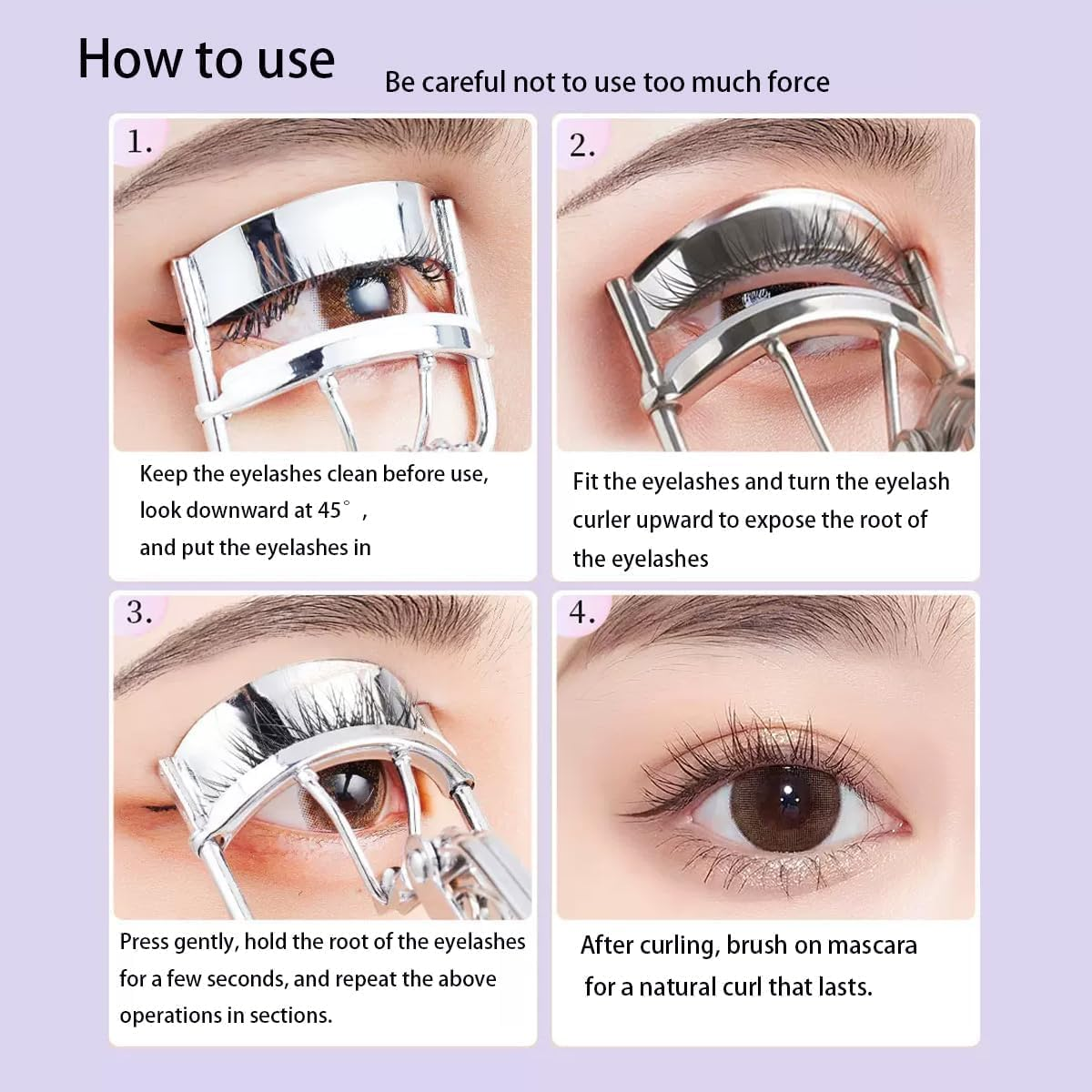 2Pcs Stainless Steel Eyelash Curler Silver, Curl and Lasting Definition with Silicone Pressure Pad, Wide Angle Localized Newbie Convenient Eyelash Curler + 10 Crystal Eyelash Brush（Random Color） image number 5