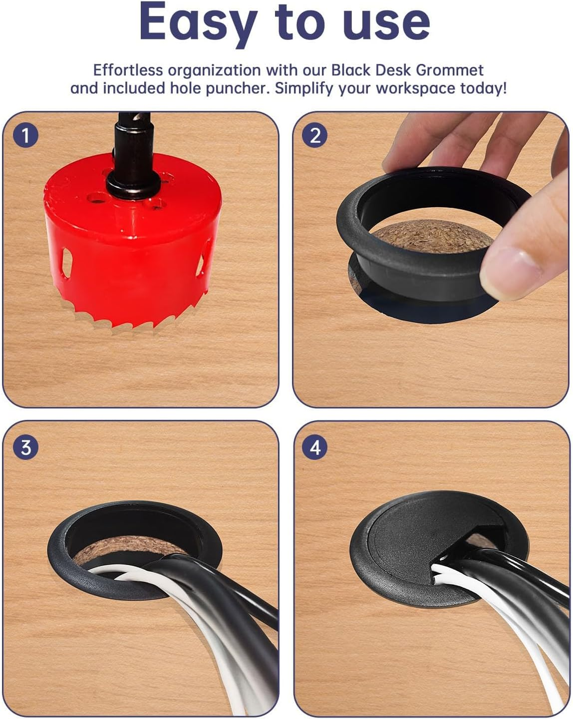 Desk Grommet & Cable Management Kit with Hole Saw - 12-Piece Set Includes 50Mm Cable Hole Covers, Bi-Metal Hole Saw, 5M Cable Tape - Office Desk Cable Organizer for Neat Workstation image number 3