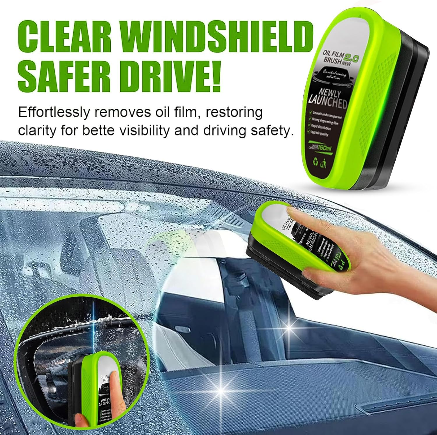 Automotive Oil Film Cleaning Brush, 2025 New 2.0 Green 150Ml Oil Film Wipe, Car Glass Oil Film Cleaner for Windshield, Oil Film Cleaning Brush, Glass Oil Film Remover, Improves Clarity (1Pic) image number 4