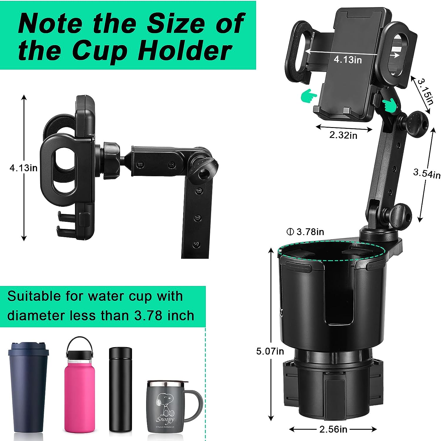 THIS HILL Car Cup Holder Expander Adjustable Base with Phone Mount 360&deg; Rotation Cup Holder Cell Phone Holder for Car Compatible with Iphone/Samsung All Smartphones