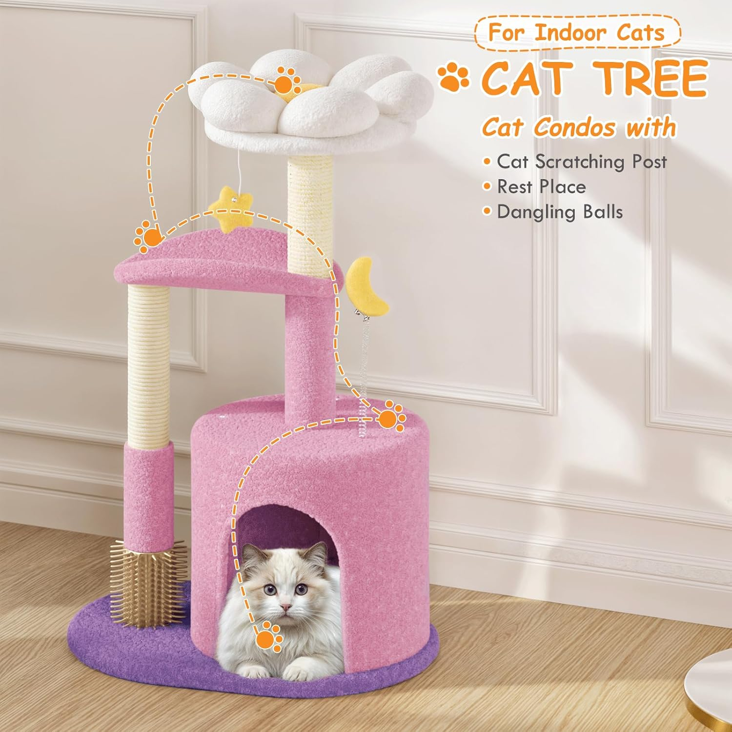 Athena Collection Small Cat Tree Condo with Sisal Scratching Post, 33 Inch Modern Cute Flower Cat Tree Tower with Cozy Perch Toy Ball for Indoor, Kittens, Purple image number 5