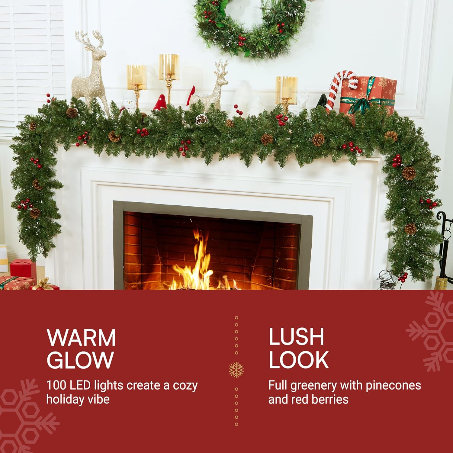 Joiedomi 9Ft Artificial Christmas Garland Prelit with 100 LED Lights, 27 Pine Cones, 27 Red Berries for Home & Office Christmas Decorations (Battery Powered, Batteries Not Included)