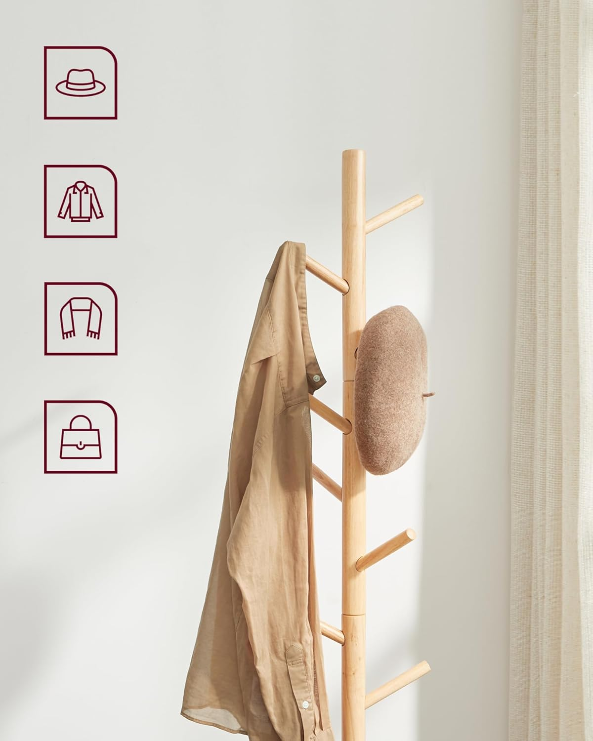 VASAGLE Coat Stand, Solid Wood Coat Rack, Tree Shaped Coat Rack, 8 Hooks, 3 Adjustable Heights, for Clothes, Hat, Bag, for Living Room, Bedroom, Office, Natural RCR004N01 image number 4