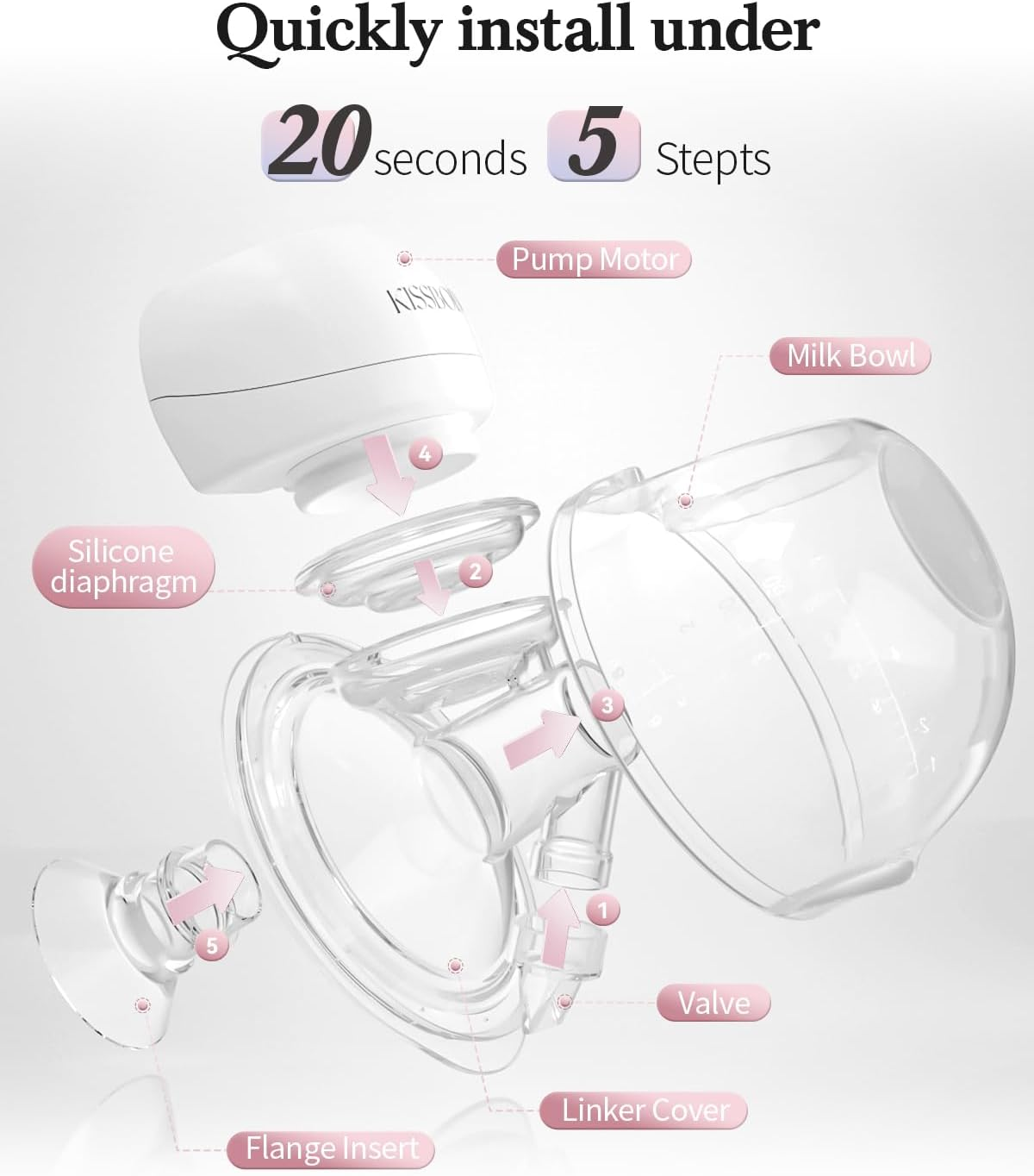 KISSBOBO ABP-1508 Hands Free Breast Pump Wearable with Storage Bag, Wearable Breastfeeding Pump Strong Suction, Low Noise, 3 Modes 9 Levels, with 21/24Mm Insert/Flange, 2 Pack (Pink) image number 4