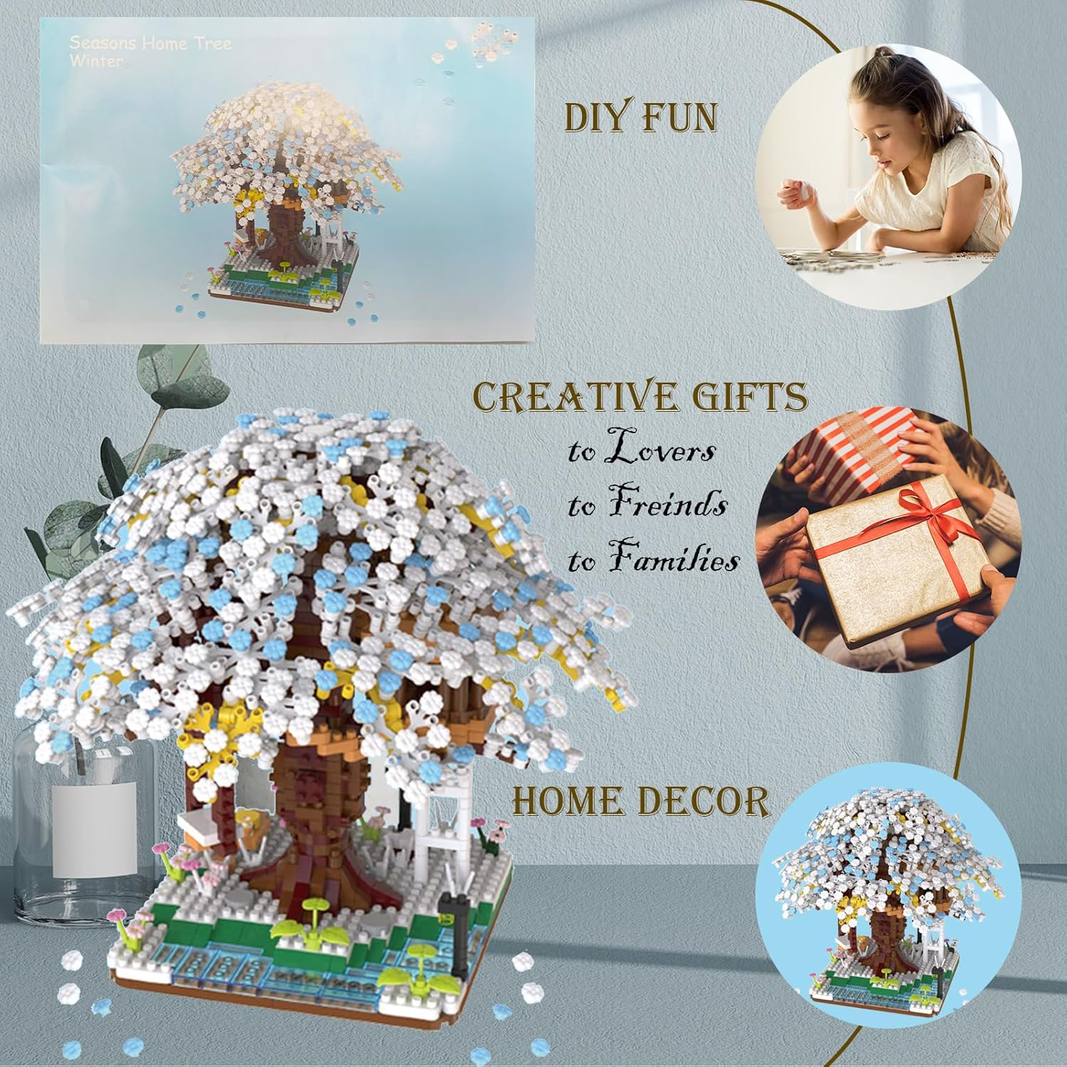Famiredo Cherry Blossom Tree House Adult Artificial Flower Mini Block Set, Spring/Summer/Fall/Winter Beauty Plant Series, Bouquet Tree House Block Set, Suitable for Gift/Home Decoration (Winter) - Fall image number 7