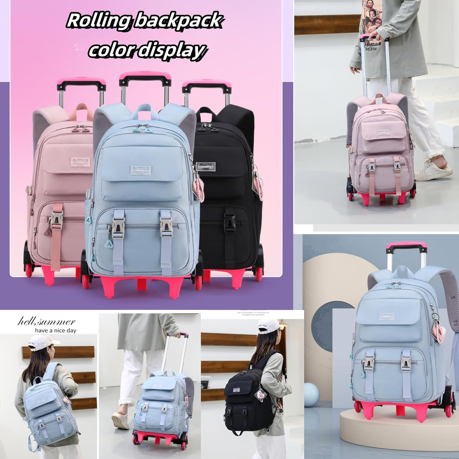 ZHANAO Rolling Backpack Luggage Bookbag with Wheels Trolley Bag Wheeled Travel Backpack for Girls & Boys Trolley Bag image number 7