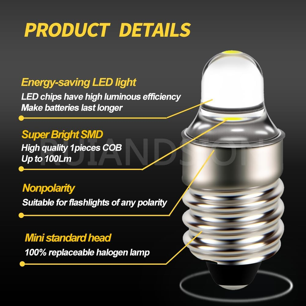 Ruiandsion 4Pcs E10 LED Bulbs 3V 6000K White LED Bulbs for Torchlight Flashlight Torch Light,Non-Polarity image number 5