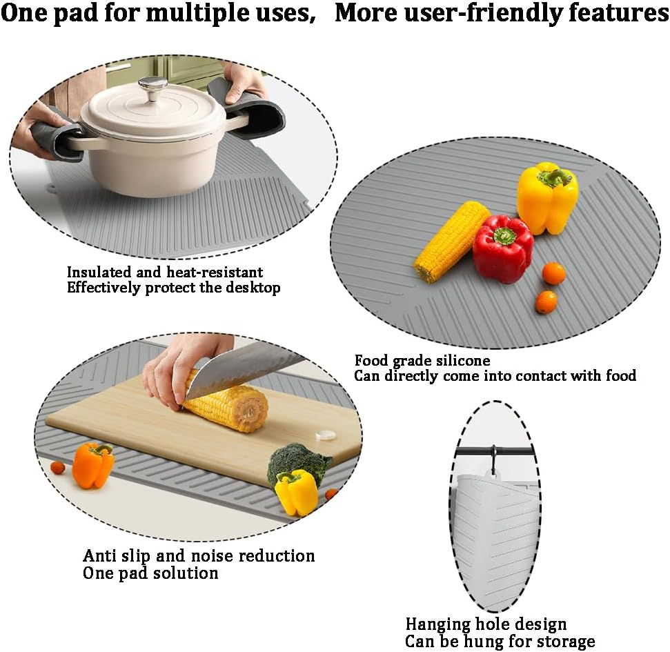Large Kitchen Counter Dish Mat Silicone Dish Drying Mat with Built-In Drainage Outlet with Hook Drying, Pad Foldable Dish Drainer Mat for Sink Heat-Resistant Quick Dry Easy to Clean (Gray) image number 2