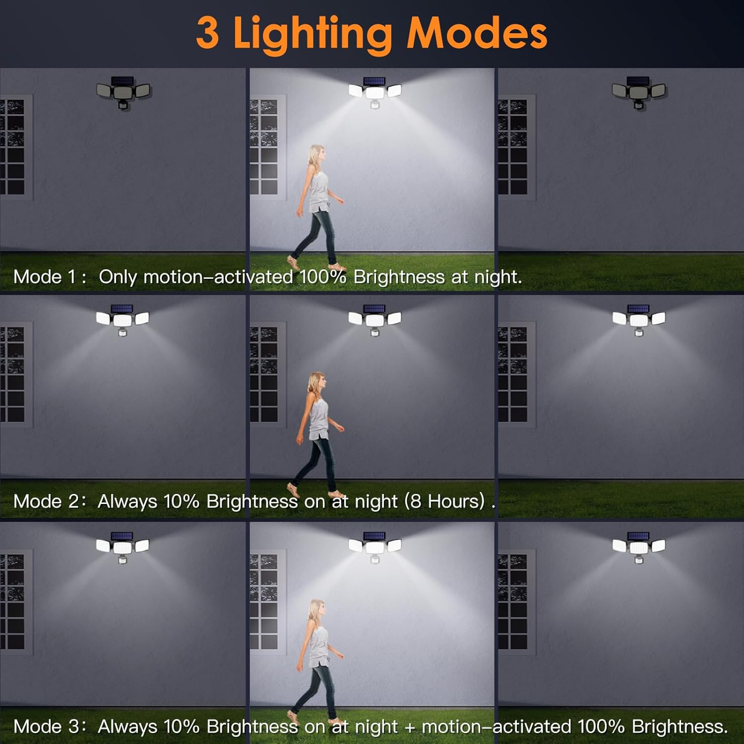 Quntis Solar Motion Sensor Lights 2 Pack,189 LED Security Flood Lights with 3 Adjustable Heads, IP65 Waterproof Outdoor Solar Fence Lights for Garden Wall Door Yard Pathway Patio image number 5