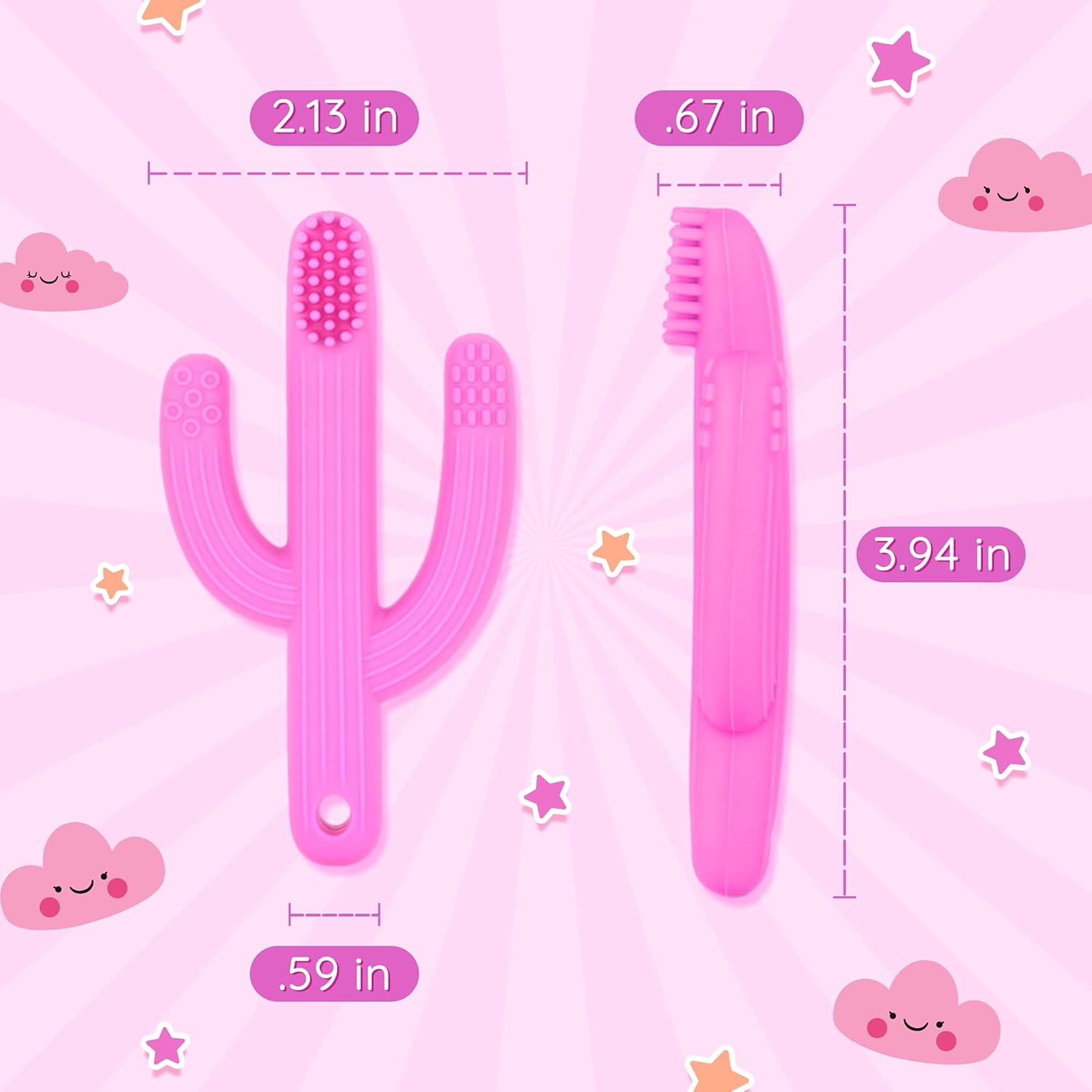 Pickle & Olive Baby Cactus Teether Toy- Infant Training Toothbrush, with Soother/Binky/Pacifier/Dummy Chain Holder/Strap (Pink) image number 3