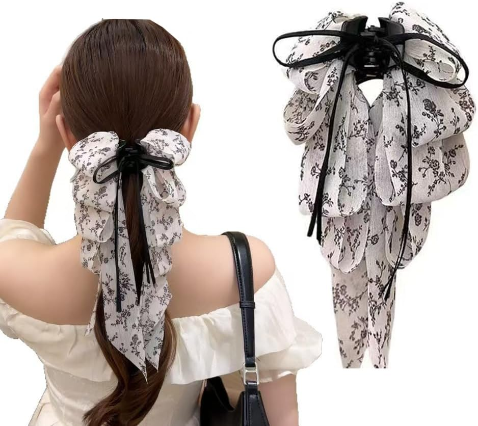 Large Bow Hair Clips with Long Ribbon Soft Broken Chiffon Ponytail Holder Shape for Women (Pack of 1) image number 1