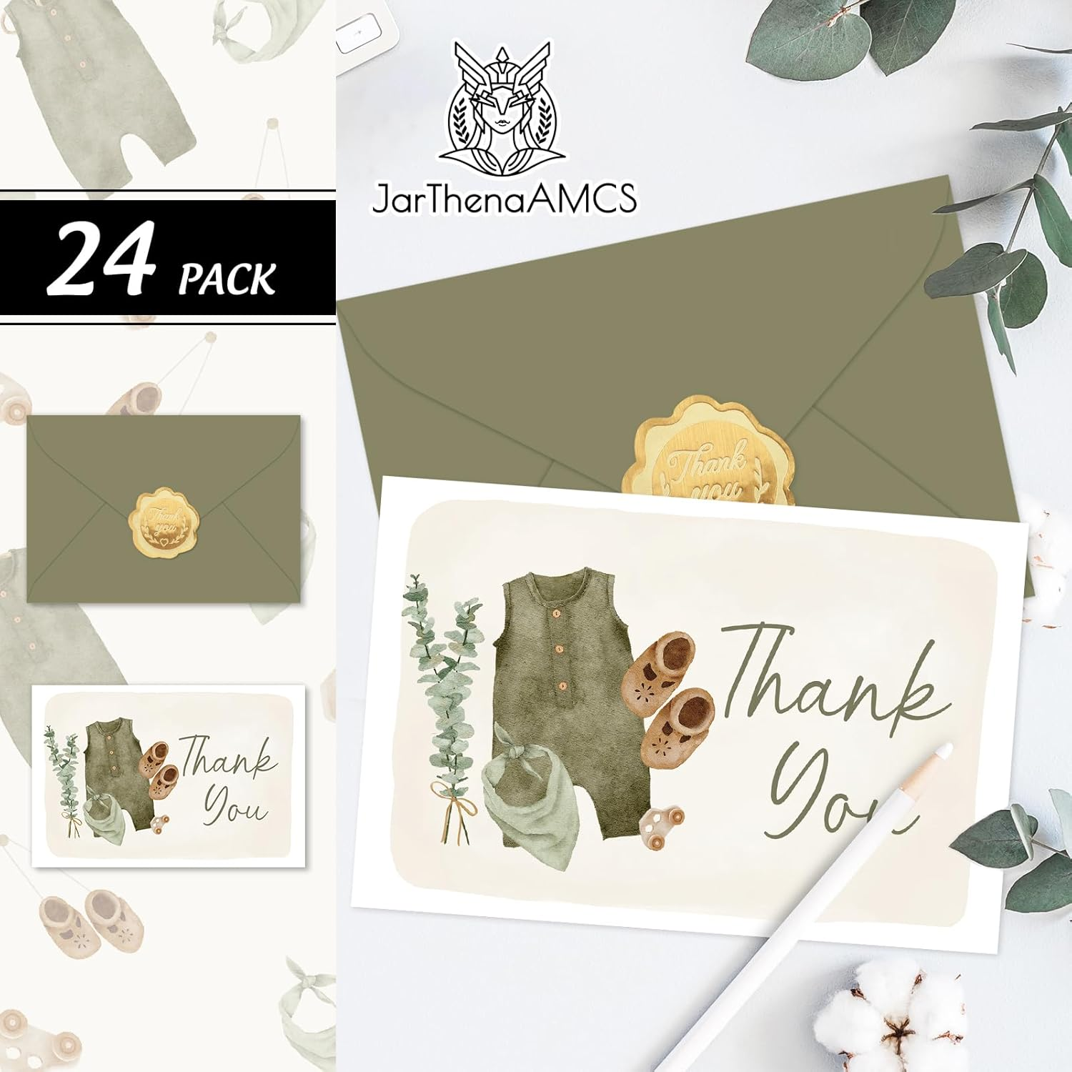 24 Pack Baby Shower Thank You Cards Green Baby Cloth Note Cards with Envelopes Stickers Greeting Blank Card for Boy Birthday Baby Shower image number 6