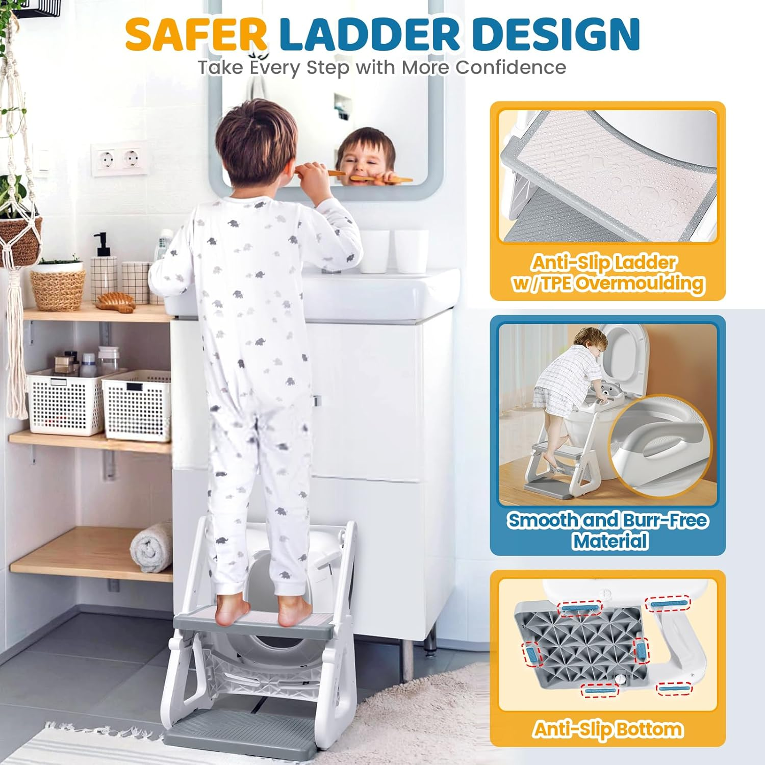 Orzbow 2-IN-1 Potty Training Toilet Seat with Step Stool for Toddler, Stability Training Potty Seat for Kids Boys Girls with Splash Guard and Anti-Slip Pad, Adjustable Ladder & Potty Seat Height, Grey image number 2