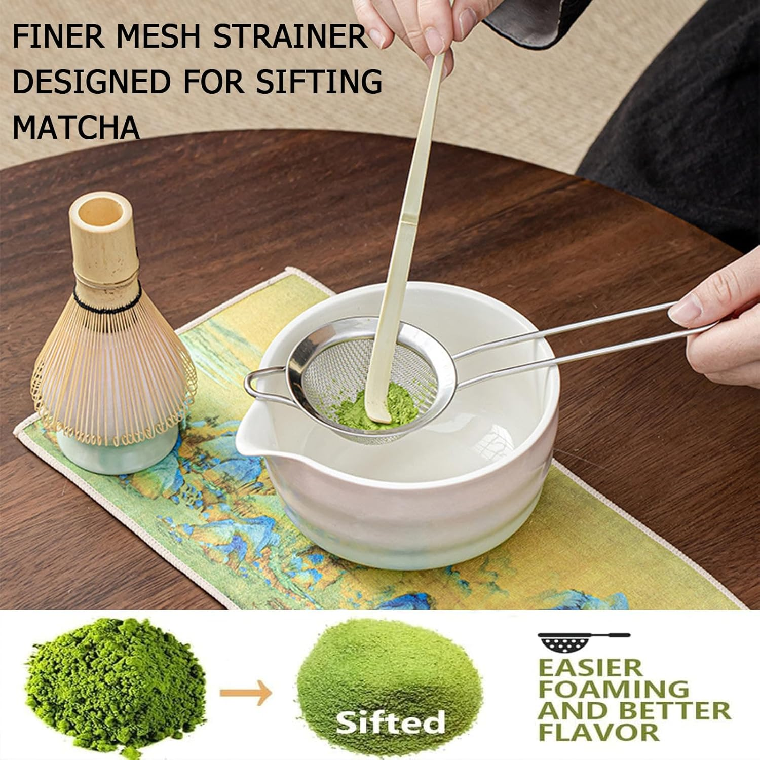 Matcha Whisk Set, Matcha Bowl with Spout, with Handcrafted Bamboo Whisk Matcha Scoop Matcha Stand Matcha Bowl and Stainless Sifter, for Matcha Tea Ceremony (7Pcs) image number 1