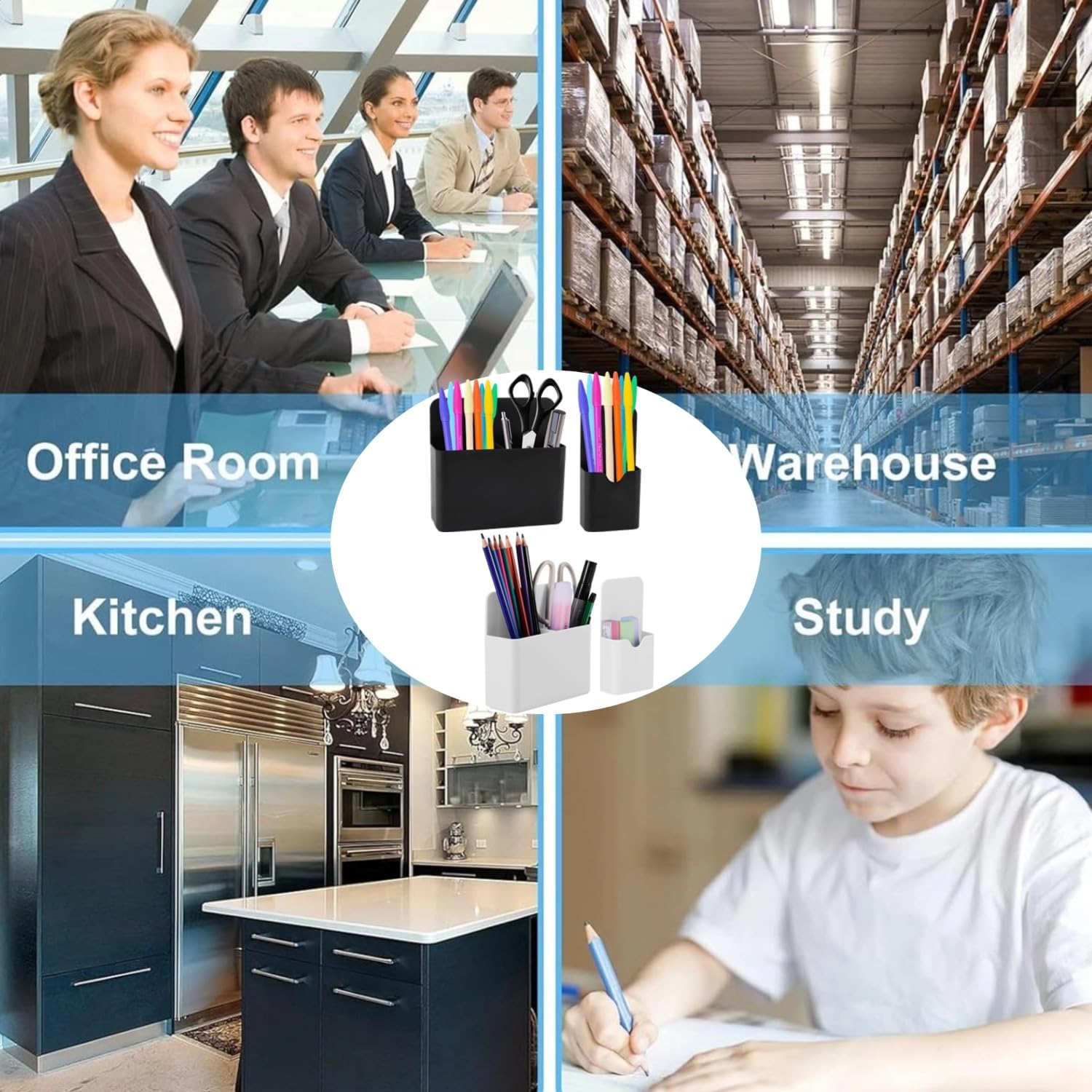 Magnetic Pen Holder,2 Pack Dry Erase Marker Holder with Generous Compartments,Strong Magnet Storage Pencil Organizer for Refrigerator,Whiteboard,Locker Accessories (White (2))