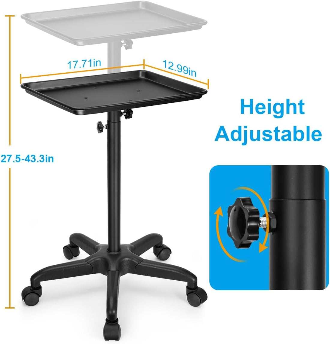 FLOLXNB Salon Tray Cart Premium Aluminum Tattoo Tray Rolling Trolley Adjustable Height Storage Utility Cart for Clinic Spa Rolling Tray (Black) image number 3