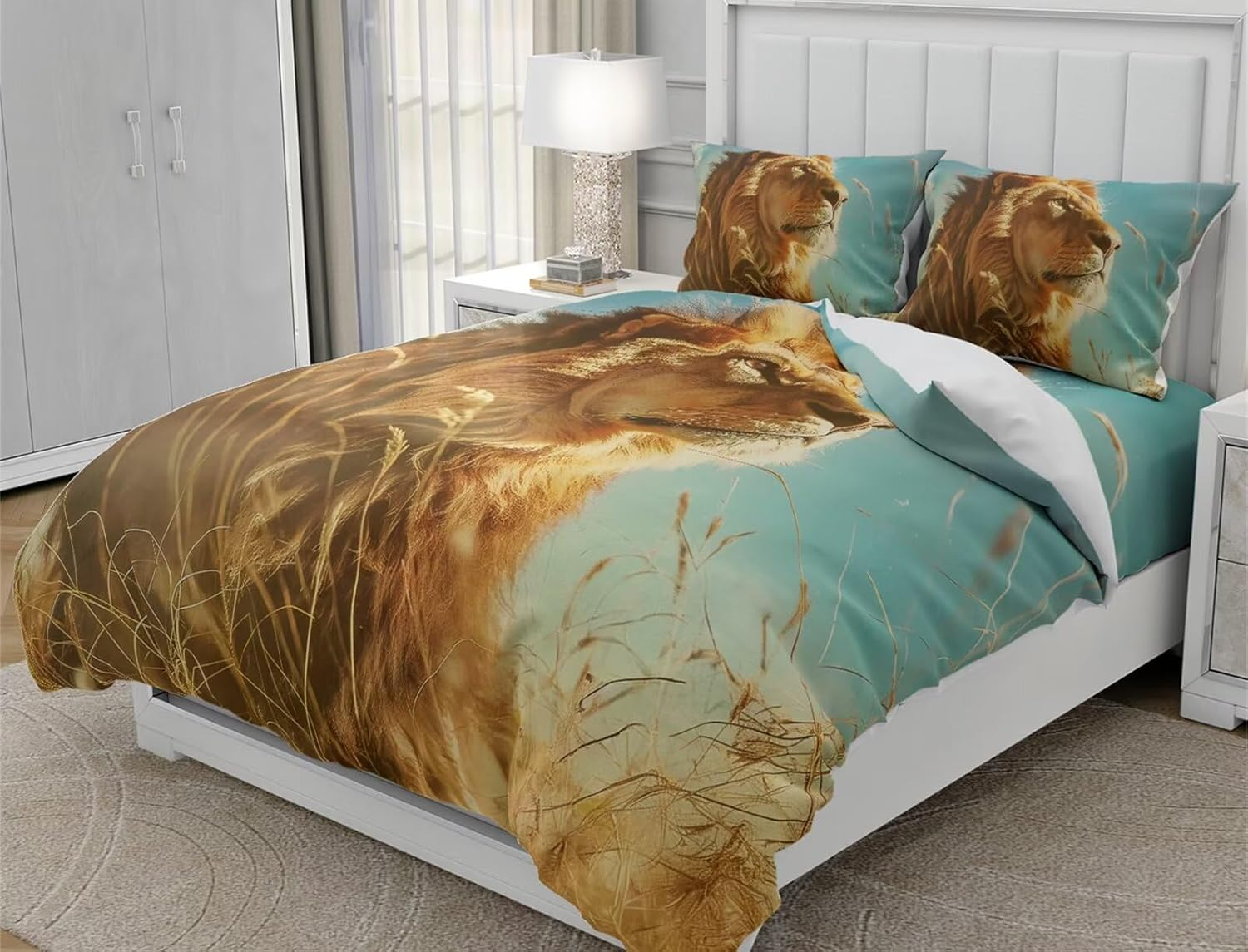 Moinlizy 3D Fierce Lion Printed Duvet Cover Set Bedding Sets Full Size with 1 Piece Duvet Cover 2 Pieces Pillow Cases Microfiber Comfy No Comforter image number 1