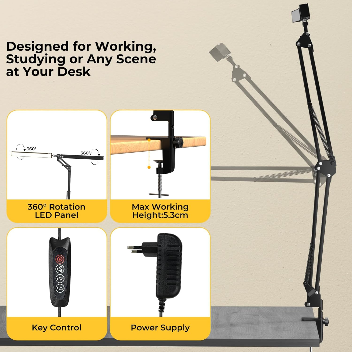 LED Desk Lamp, Double Head Table Lamp, Clampable, Adjustable Swing Arm, 2400 LM, 5 Colour Temperature Modes, Timer and Memory Function, Easy to Install - for Office, Reading, Black image number 3