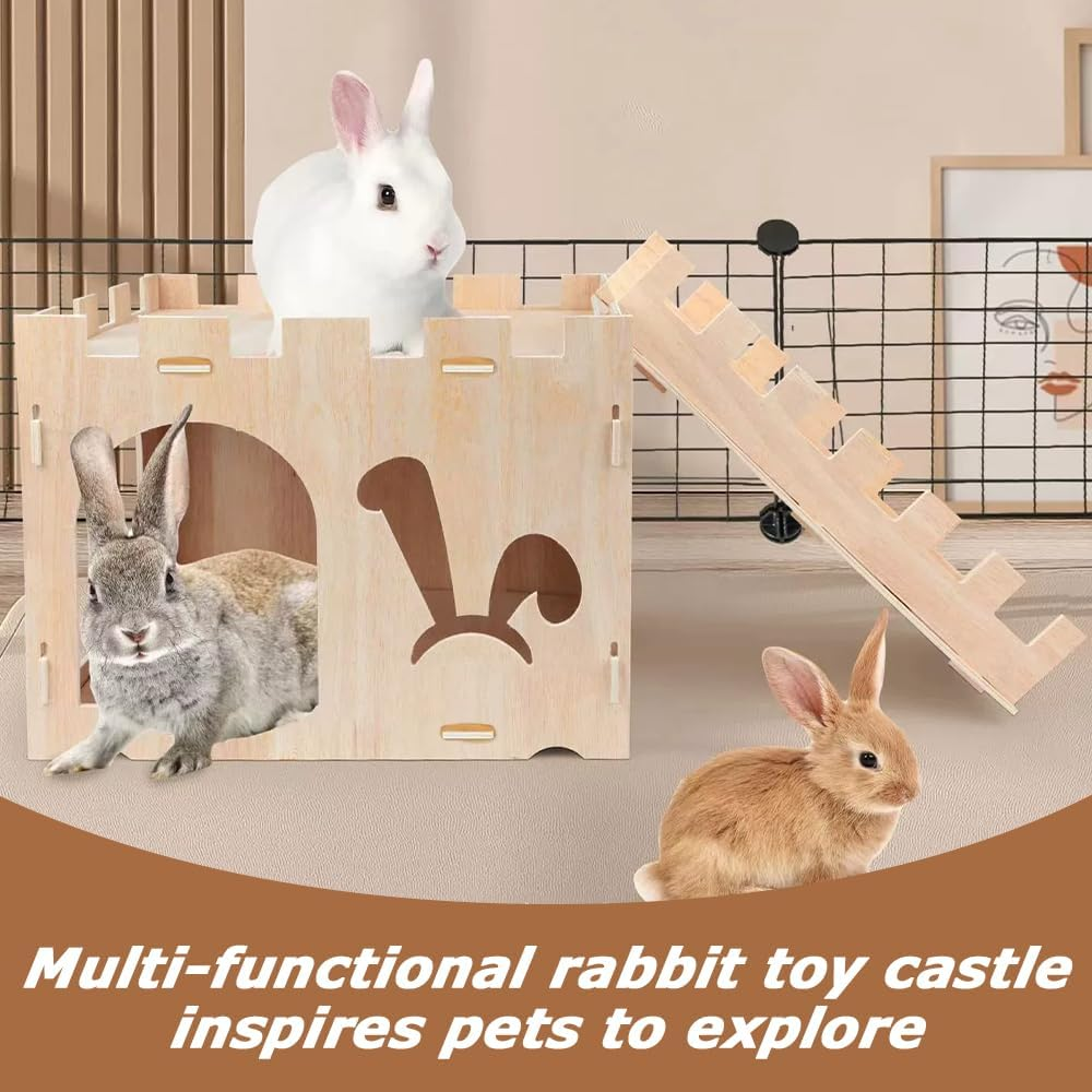 Natural Wooden Rabbit Hutch House with Ladder - Durable & Safe Mini Pet Shelter for Rabbits, Hamsters, Guinea Pigs - 13.7"X16.5"X13.3" - Minimalist Design image number 4
