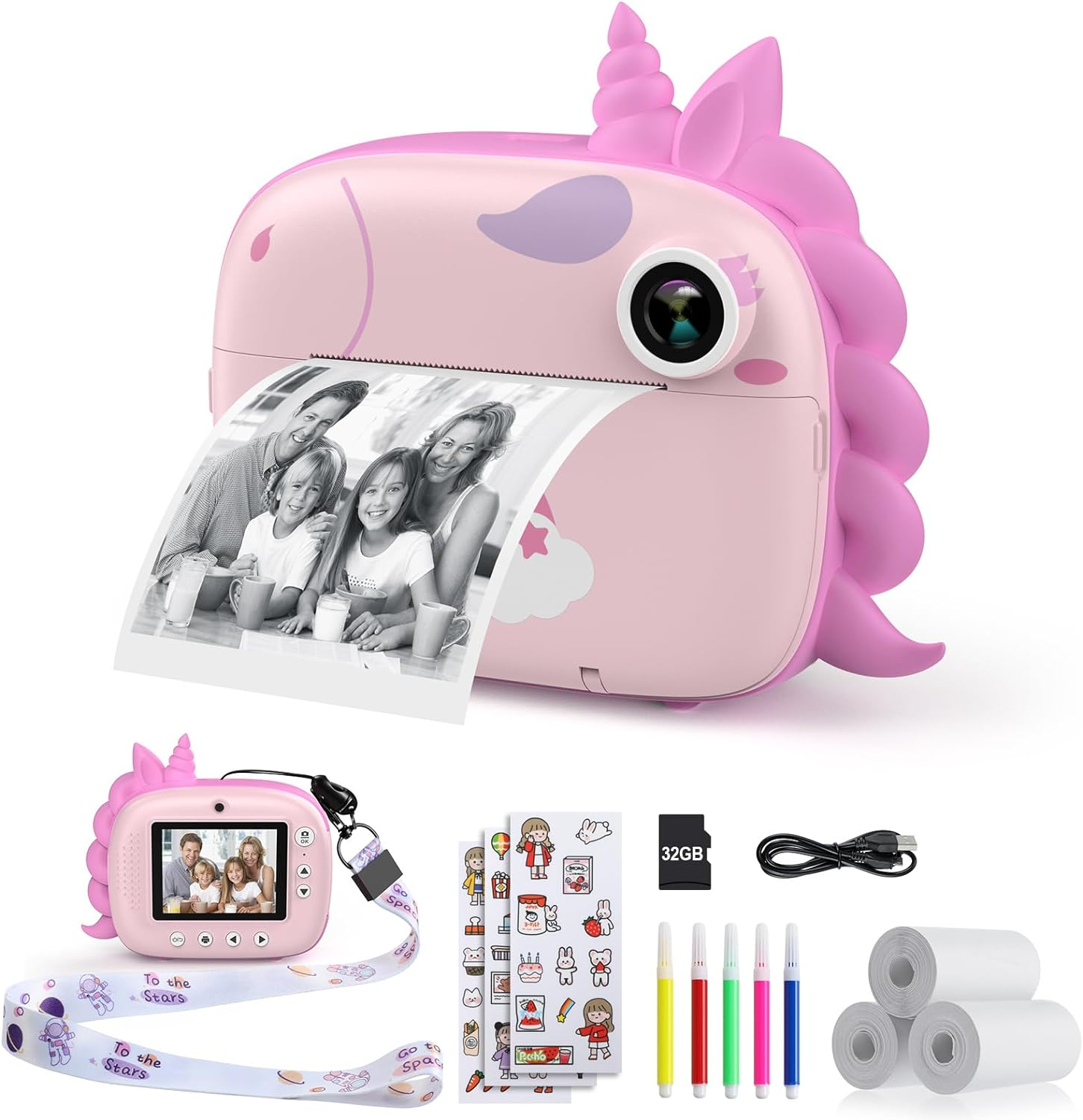 Camera Instant Print, Digital Camera for Kids with Zero Ink Print Paper & 32G TF Card, Selfie Video Camera with Color Pens & Photo Clips for DIY, for Girls Boys 3-12 Years Old (Pink)