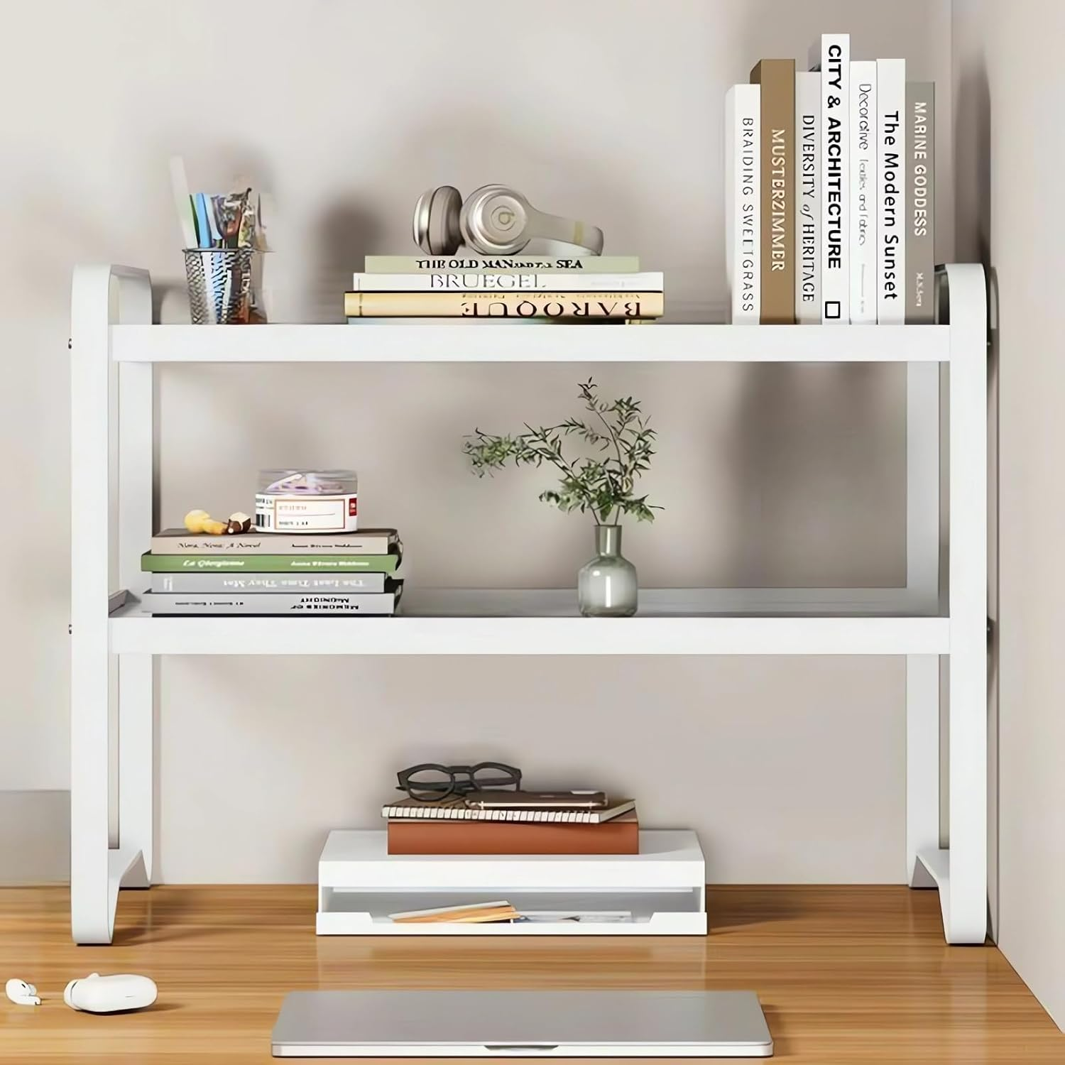 3-Tier Desktop Organiser Shelf, Metal Storage Rack, 40 X 21 X 36 Cm, Black/White Bookcase A225 (White) image number 3