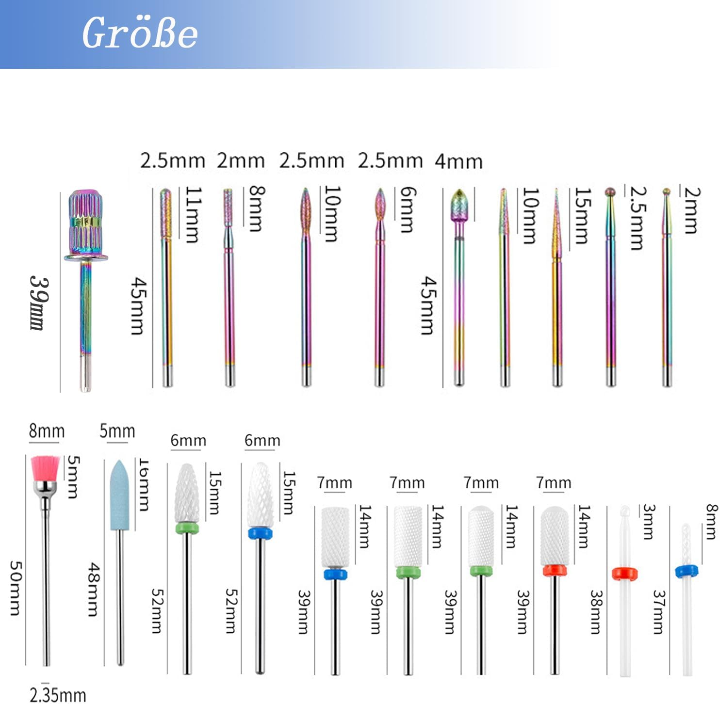 Mesee Pack of 20 Diamond Ceramic Bits, Nail Drill Bit, Acrylic Nail Drill Bit, Tungsten Alloy Professional Nail Drill Bits, Nail Cutter Attachments for Home, Salon, Manicure, Pedicure Tools image number 6