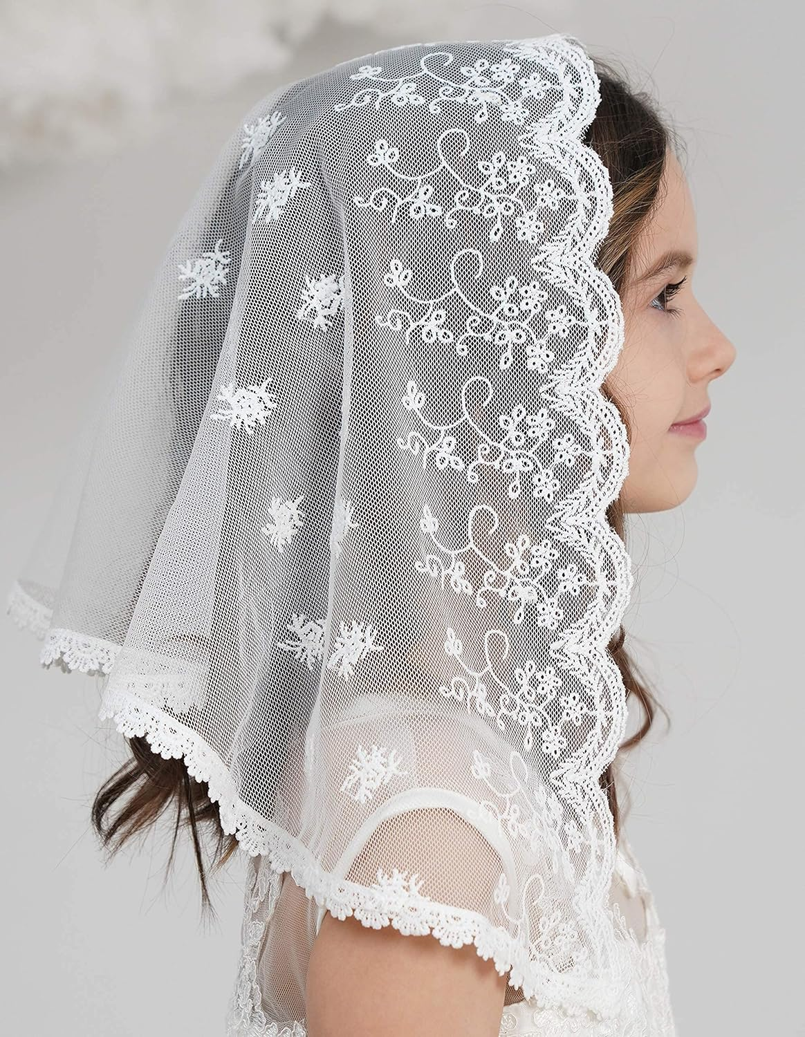 Flowergirl Veils First Communion Veil Lace Floral Edge Veil Headwrap for Grils F5 - Ivory Veil-Flowers image number 3