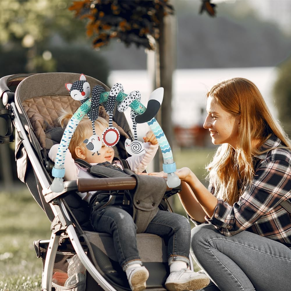 Baby Arch Baby Pram Toys, High-Contrast Black & White with Stretch & Spiral Hanging Activity Set, Infant Stroller Arch Toy, 0-36 Months (Fox)