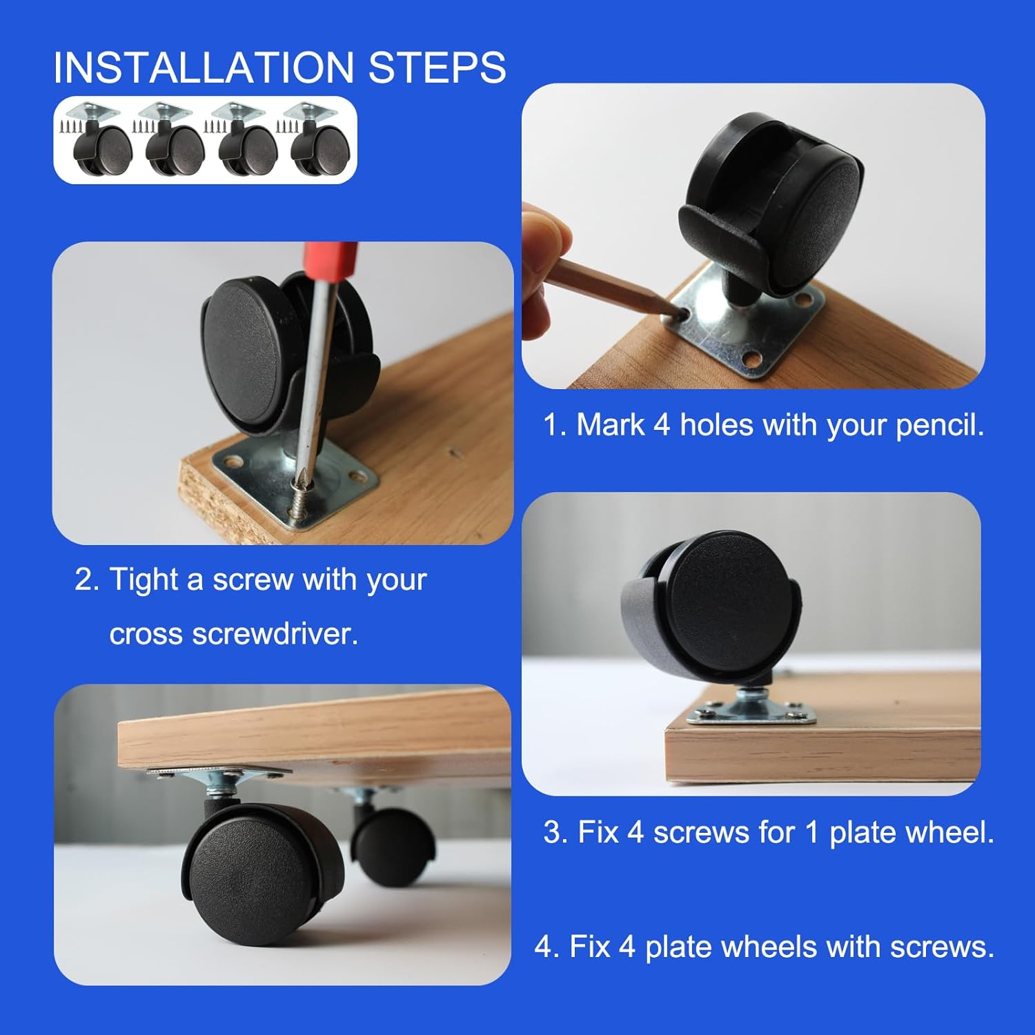 Dalyndar Furniture Casters 1.5 Inch Swivel Wheels Replacement Universal Rollers Suit for Move Small Cabinet Table Desk Drawer Cart Shelf Planter, 4Pcs Nylon Castors Screw in Wheels Loading Upto 200Lbs image number 6