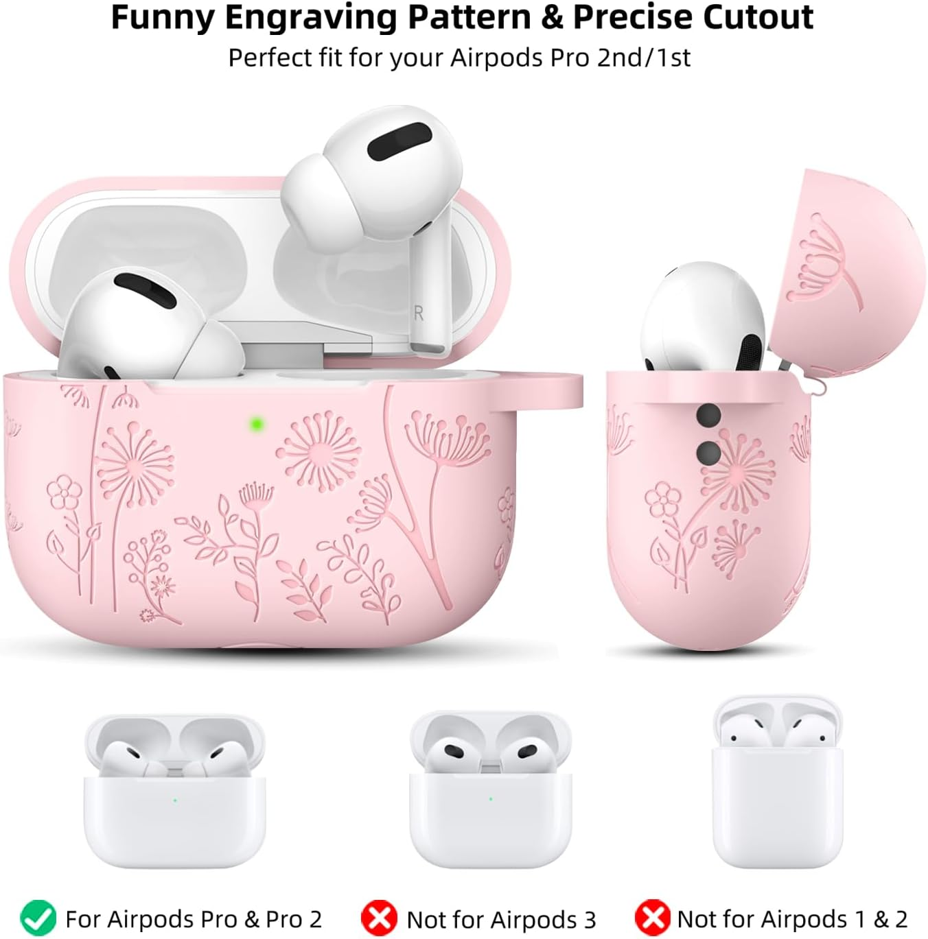 Flower Engraved Case Compatible with Airpods Pro 2 Case Cover & Airpod Pro Case Cover, Cute Soft Silicone Full Protection, for Apple Airpods Pro 2Nd 1St Generation Case Front LED Visible, Pink image number 2