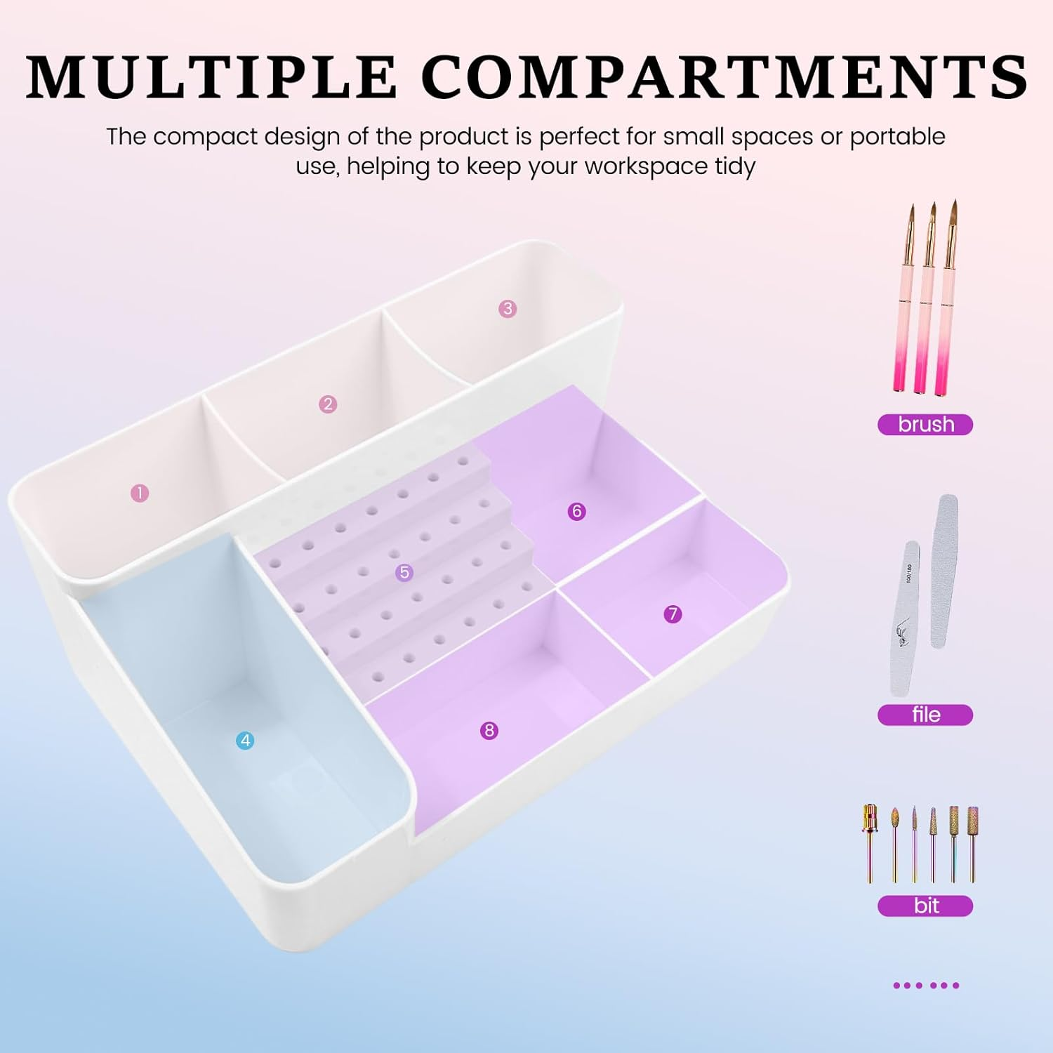 Plastic 28 Hole Nail Drill Holder Multi Compartment Nail Drill Organnizer Box Large Capacity Compartment Storage Box for Home Office image number 6