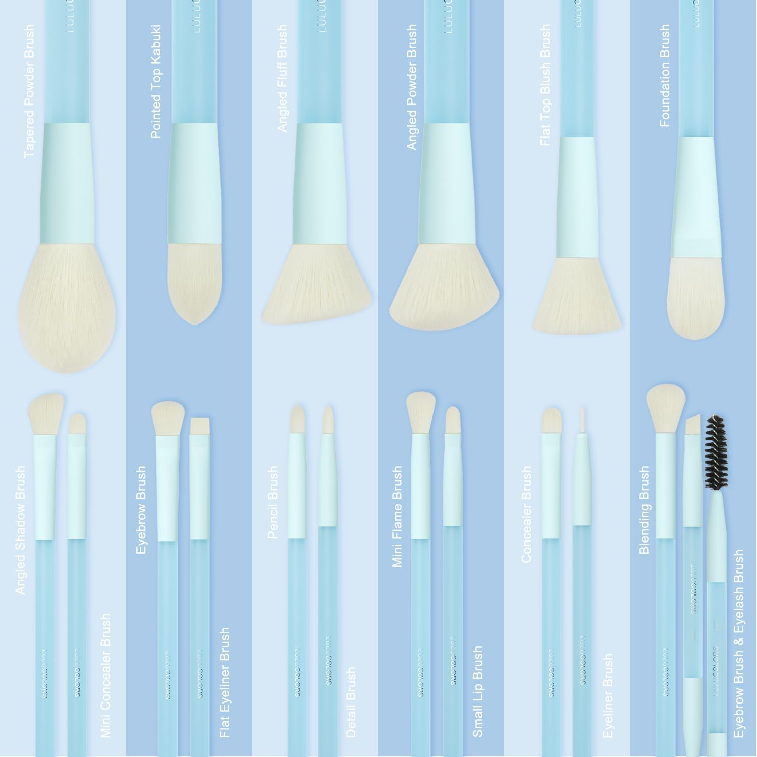 LULUCOLORS 18-Piece Light Blue Professional Makeup Brush Set &ndash; Translucent Rubberized Handles, Soft Synthetic Bristles for Face & Eye Makeup &ndash; Includes Travel Bag & Sponges,Complete Brush Collection