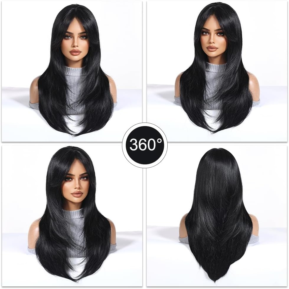 Esmee Long Straight Black Wigs for Women Synthetic Layered Brunette Synthetic Hair Wig with Fringes for Daily Party Cosplay Use 24 Inches image number 6
