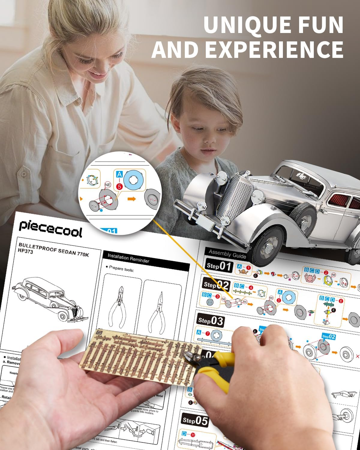 Piececool 3D Puzzles for Adults, Bulletproof Sedan 770K Model Kits Building, Car Model DIY Puzzle Set, Christams Gifts -154 Pcs - Silver image number 4