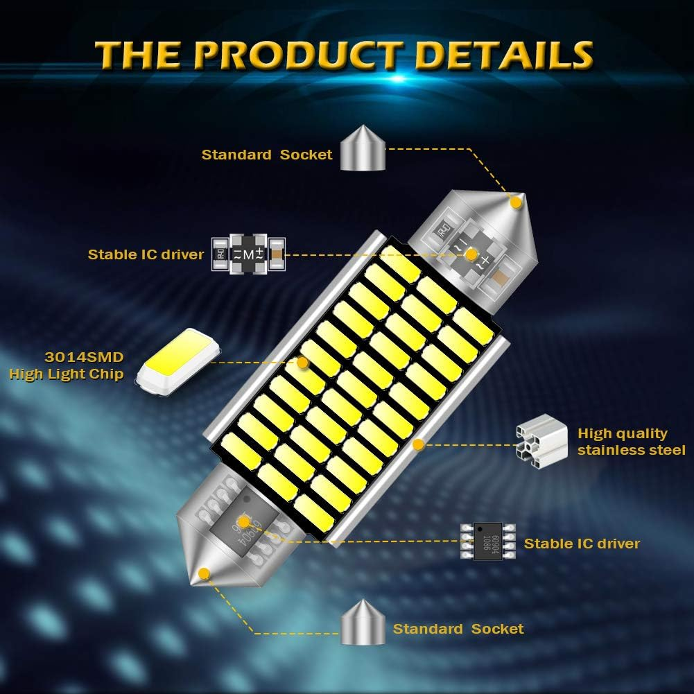 Katur 41Mm 42Mm Festoon C5W Led Bulbs 6000K White Light Super Bright Chipsets Canbus Error Free for 211-2 212-2 214-2 2112 2122 569 578 Interior Dome License Plate Door Lights (4Pcs,White) image number 4