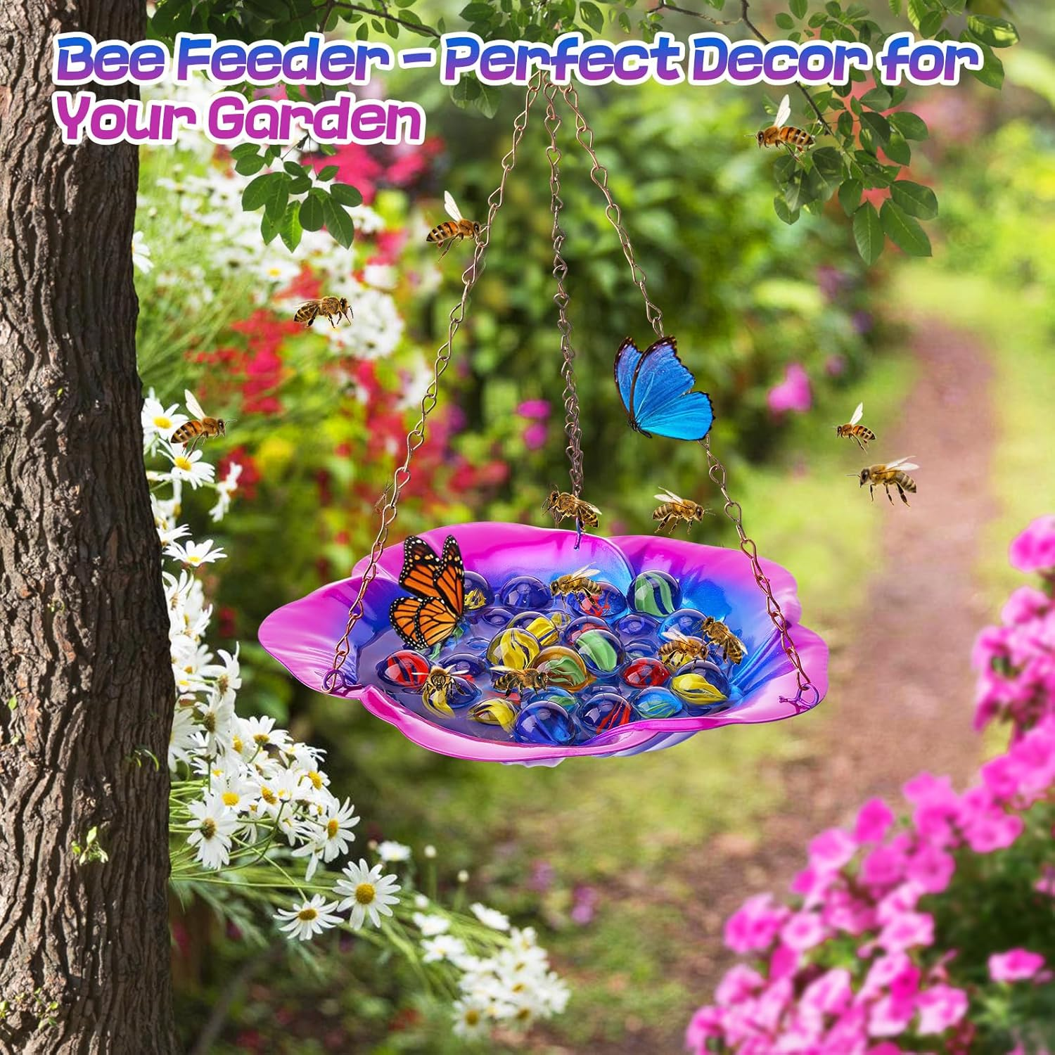 Bee Feeder with Vivid Flower Design, Anti-Rust Iron Bee Watering Station for Feeding, Colorful Butterfly Bath Bowl Bee Cups with 30 Glass Marbles for Outdoor Yard Garden Decor Gifts (Blue-Purple) - Blue Mix Purple image number 2